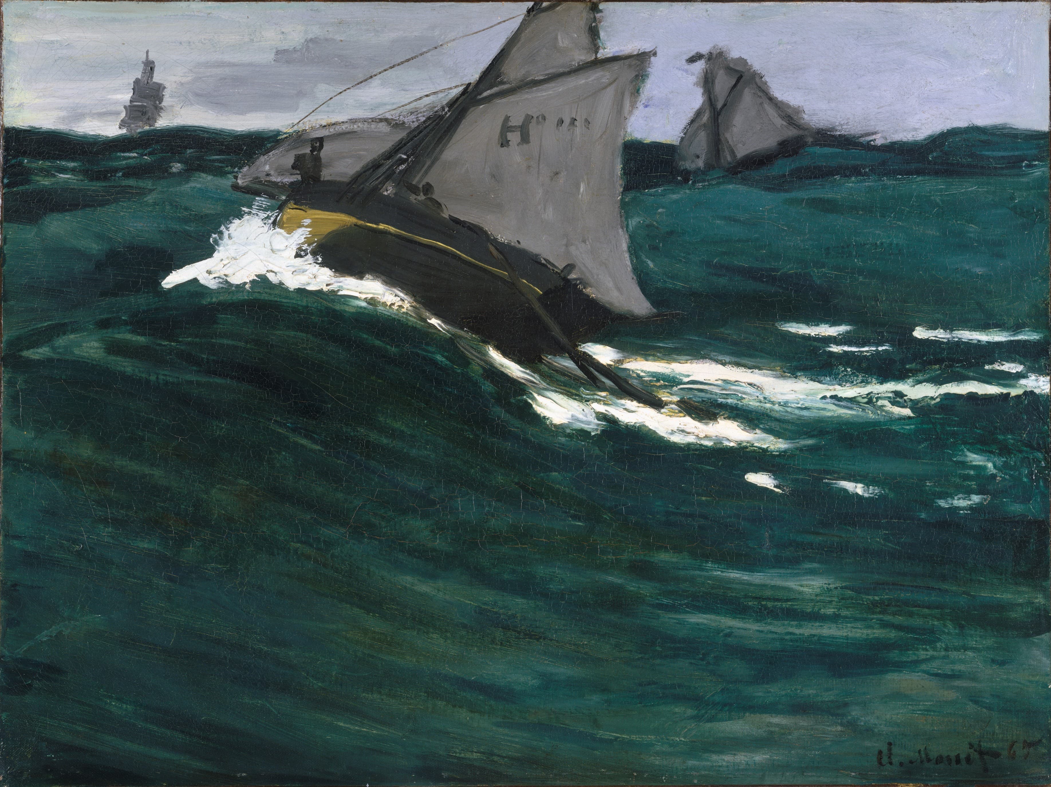 A fishing boat with a grey sail heels over on a dark green wave throwing white spray, another boat and a distant ship under a low grey sky — Claude Monet, The Green Wave, c. 1866–67