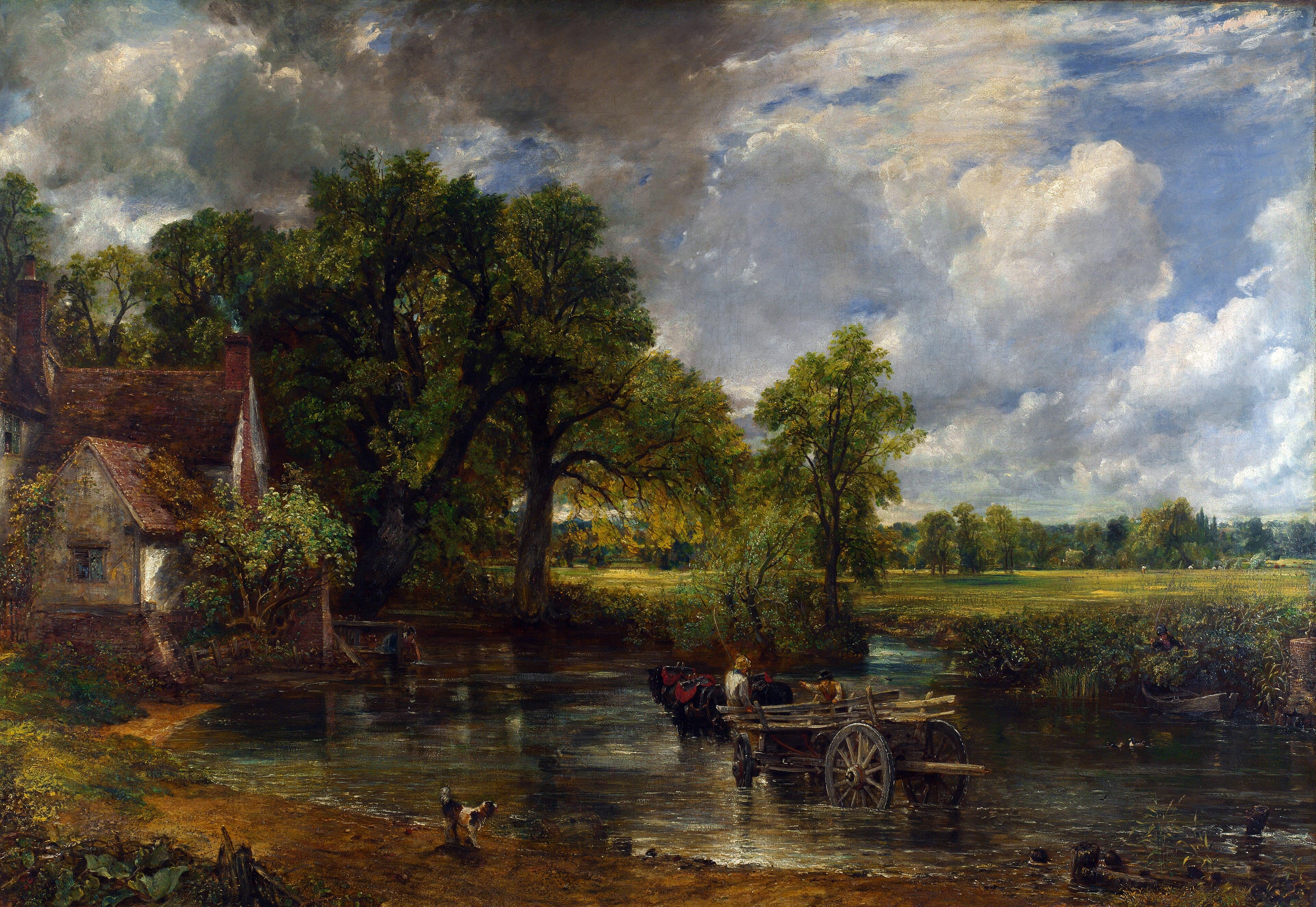 A horse-drawn wooden cart stands in a shallow stream beside a cottage under big summer clouds, a dog watching from the bank — John Constable, The Hay Wain, 1821