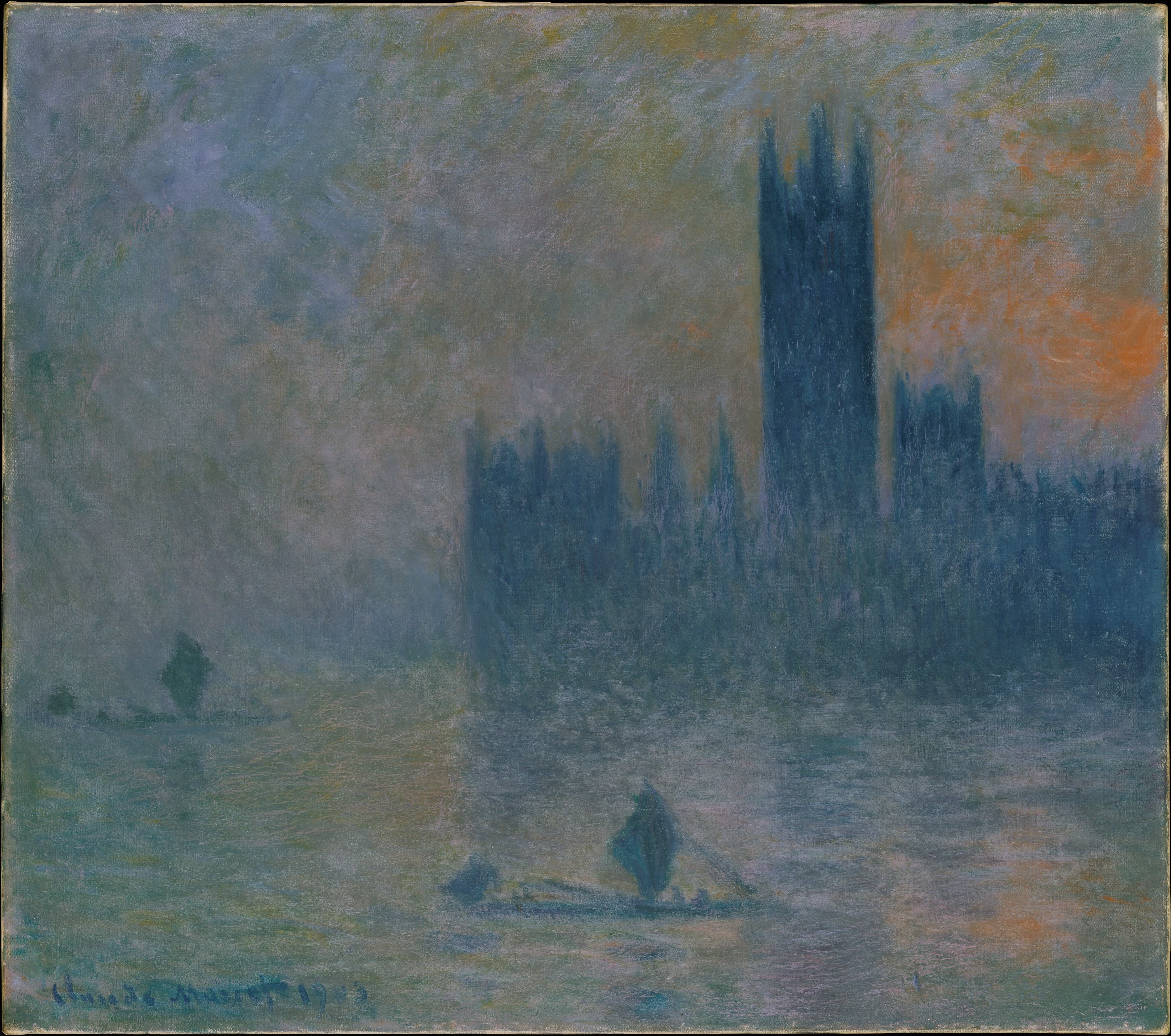 The Houses of Parliament loom as a dark blue silhouette in greenish fog, an orange glow behind and sailing boats on the Thames — Claude Monet, The Houses of Parliament (Effect of Fog), 1903–04