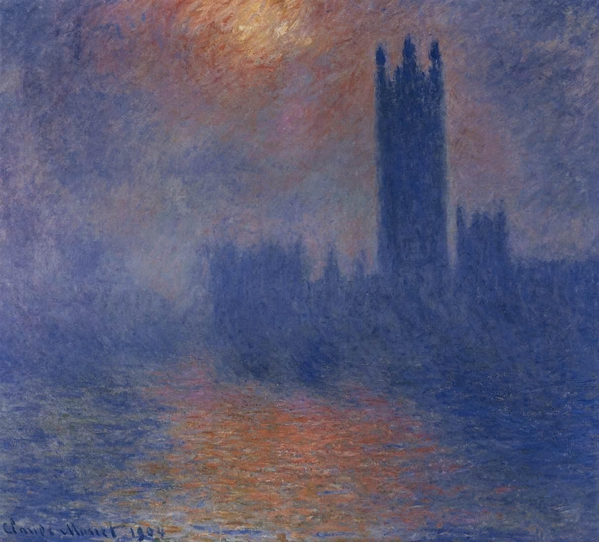 The Houses of Parliament form a deep blue silhouette in fog as an orange sun breaks through above and glows on the Thames — Claude Monet, Houses of Parliament, Sun Breaking Through the Fog, 1904