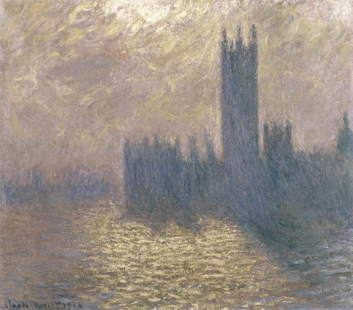 The Houses of Parliament stand as a grey-blue silhouette beneath a swirling pale yellow sky, light glittering on the Thames — Claude Monet, The Houses of Parliament, London (Stormy Sky), 1904