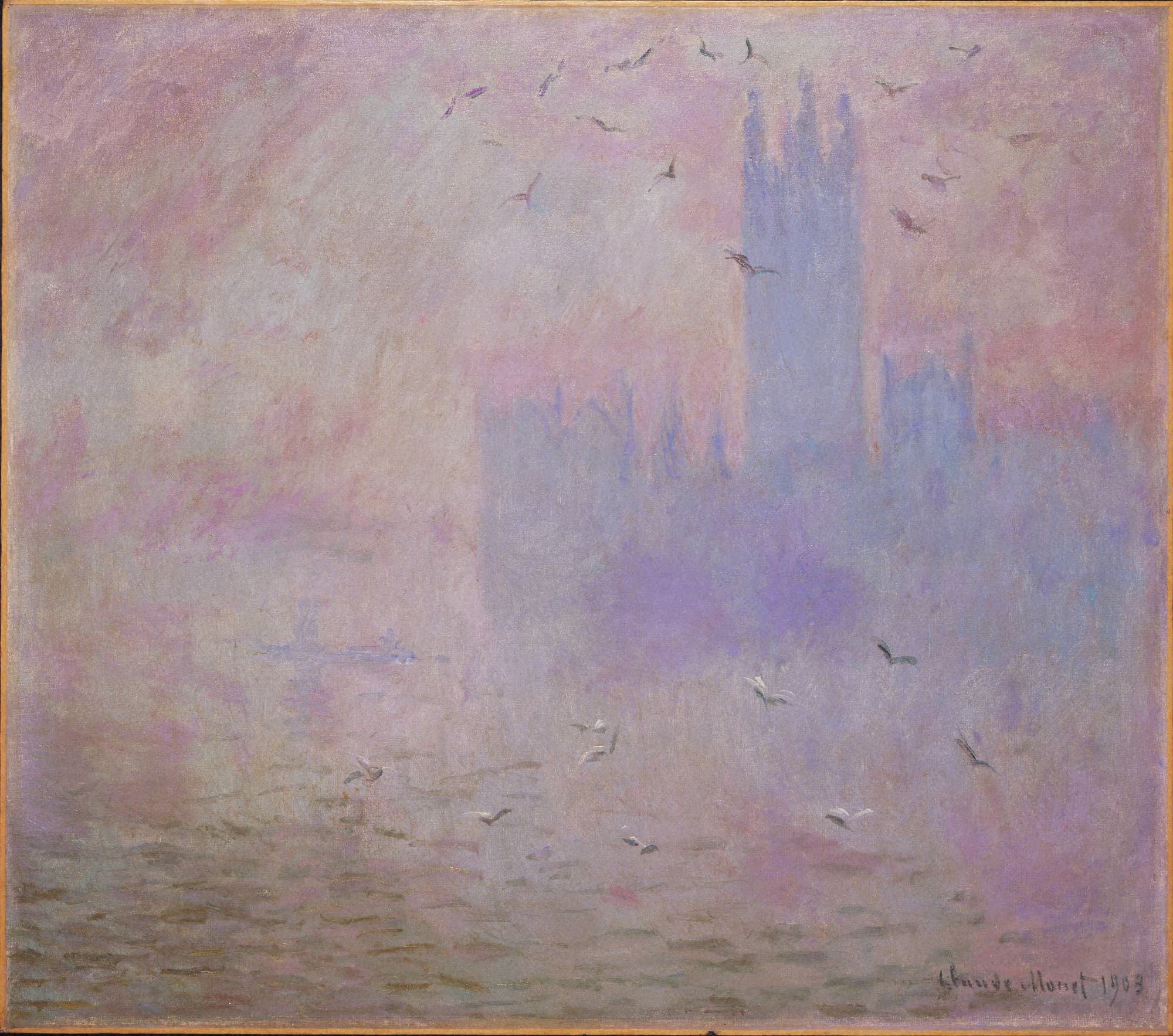 Seagulls wheel over the Thames in front of the Houses of Parliament, a lavender shadow dissolving in pink fog — Claude Monet, The Houses of Parliament, Seagulls, 1903