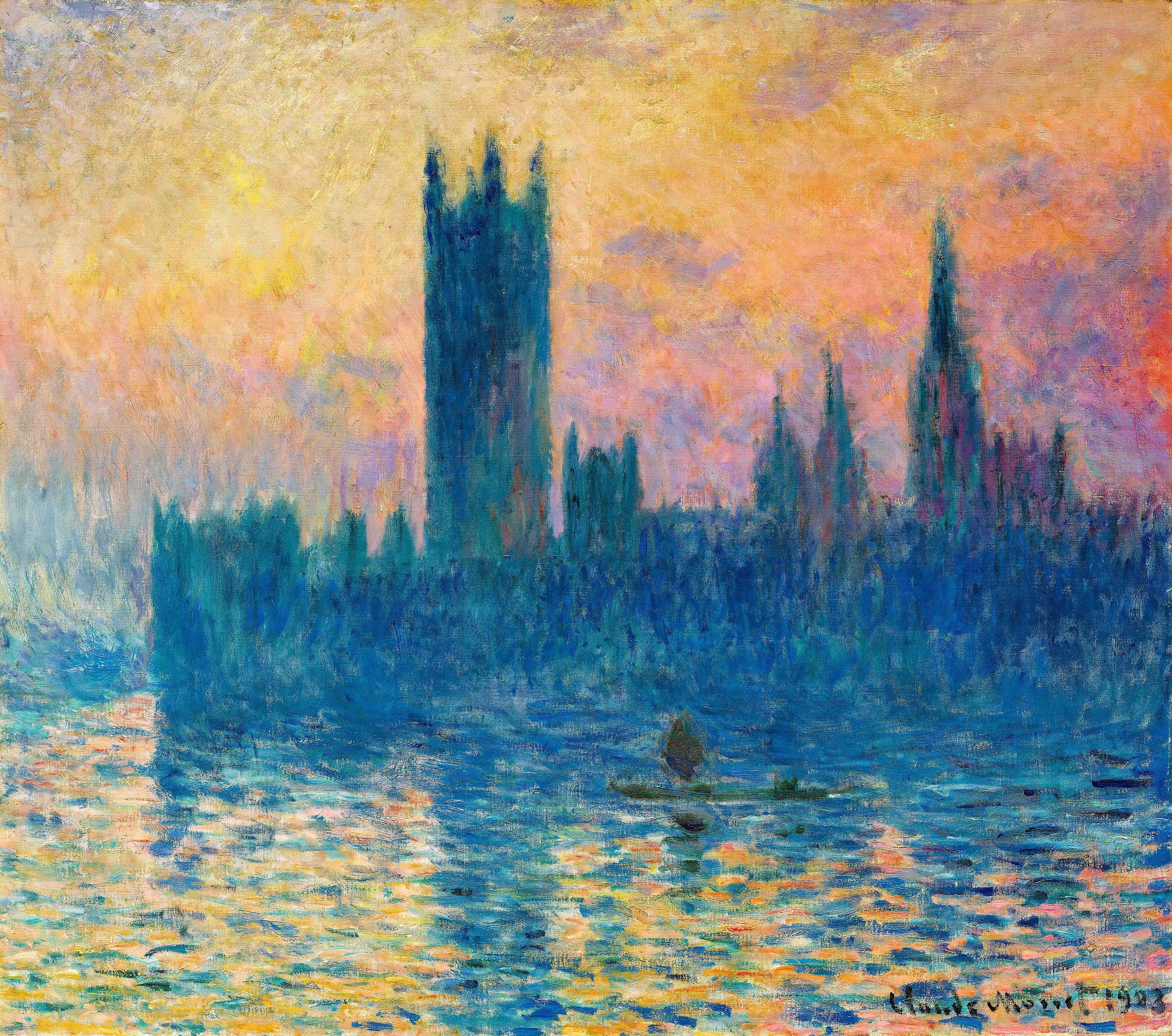 The Houses of Parliament stand in deep blue silhouette against a blazing gold and orange sunset, the Thames glittering with reflected color — Claude Monet, The Houses of Parliament, Sunset, 1903
