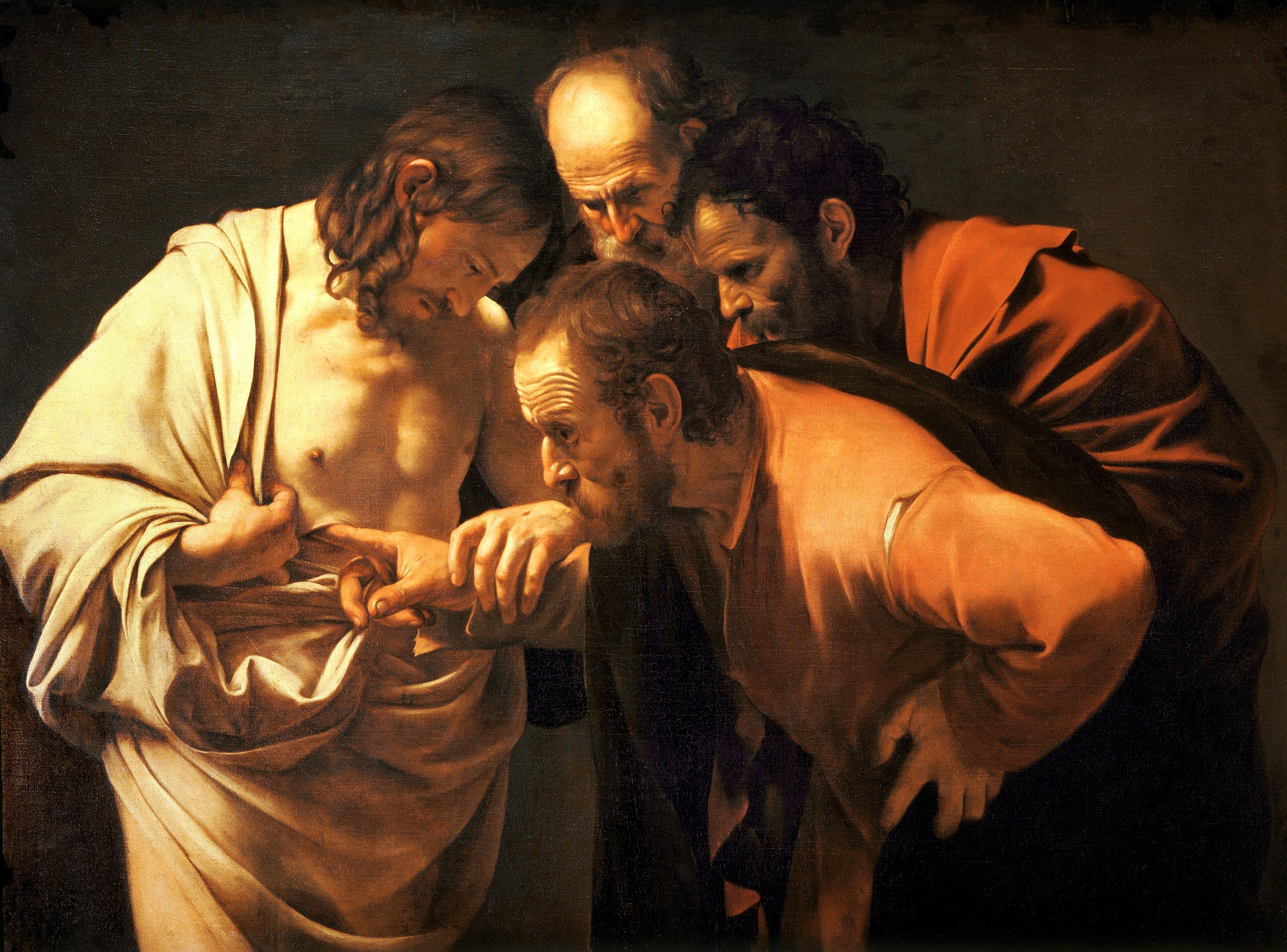 Christ guides the finger of a frowning old apostle into the wound in his side as two other men lean in to stare — Caravaggio, The Incredulity of Saint Thomas, c. 1601–02