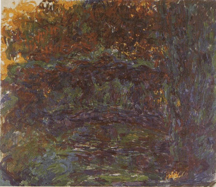 A dark violet-brown arch beneath dense russet and olive foliage, a flare of orange light at upper left and a shadowed willow at right — Claude Monet, The Japanese Bridge, c. 1918–24