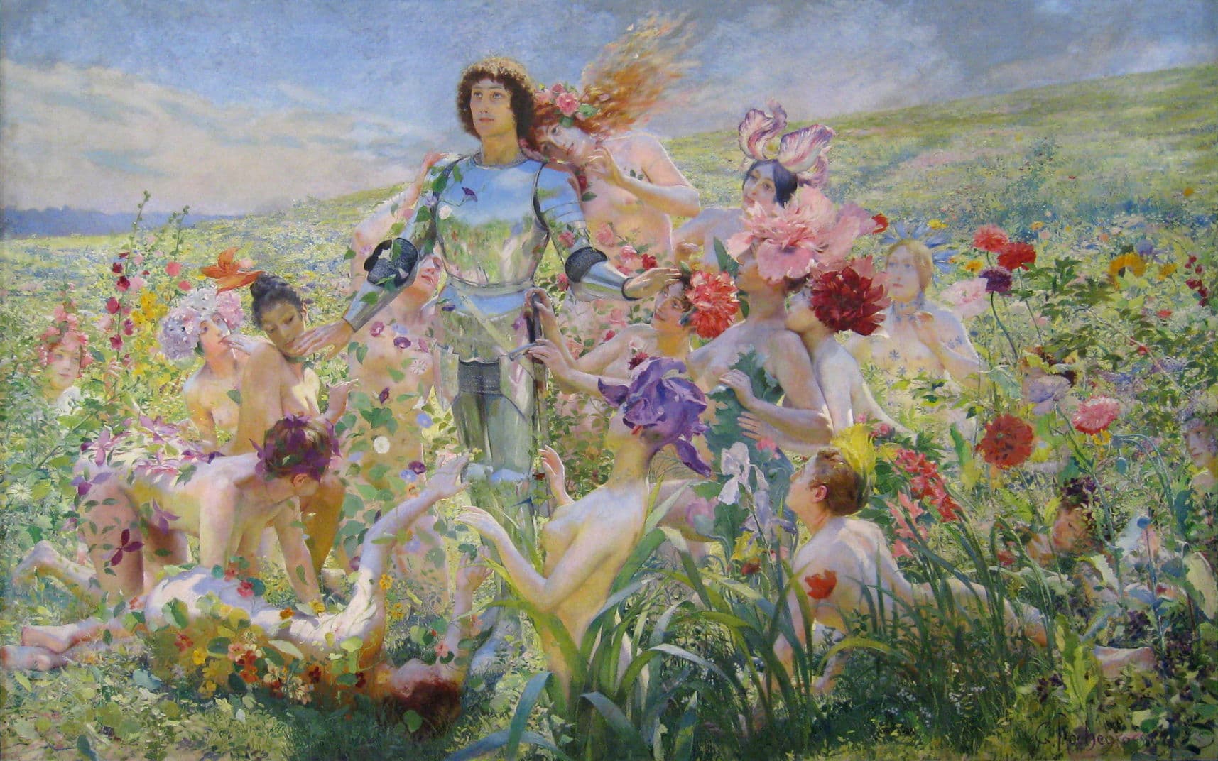 A young knight in silver armor walks through a flowering meadow surrounded by nude women wearing giant flower headdresses who reach toward him — Georges Rochegrosse, The Knight of the Flowers (Le Chevalier aux fleurs), 1894