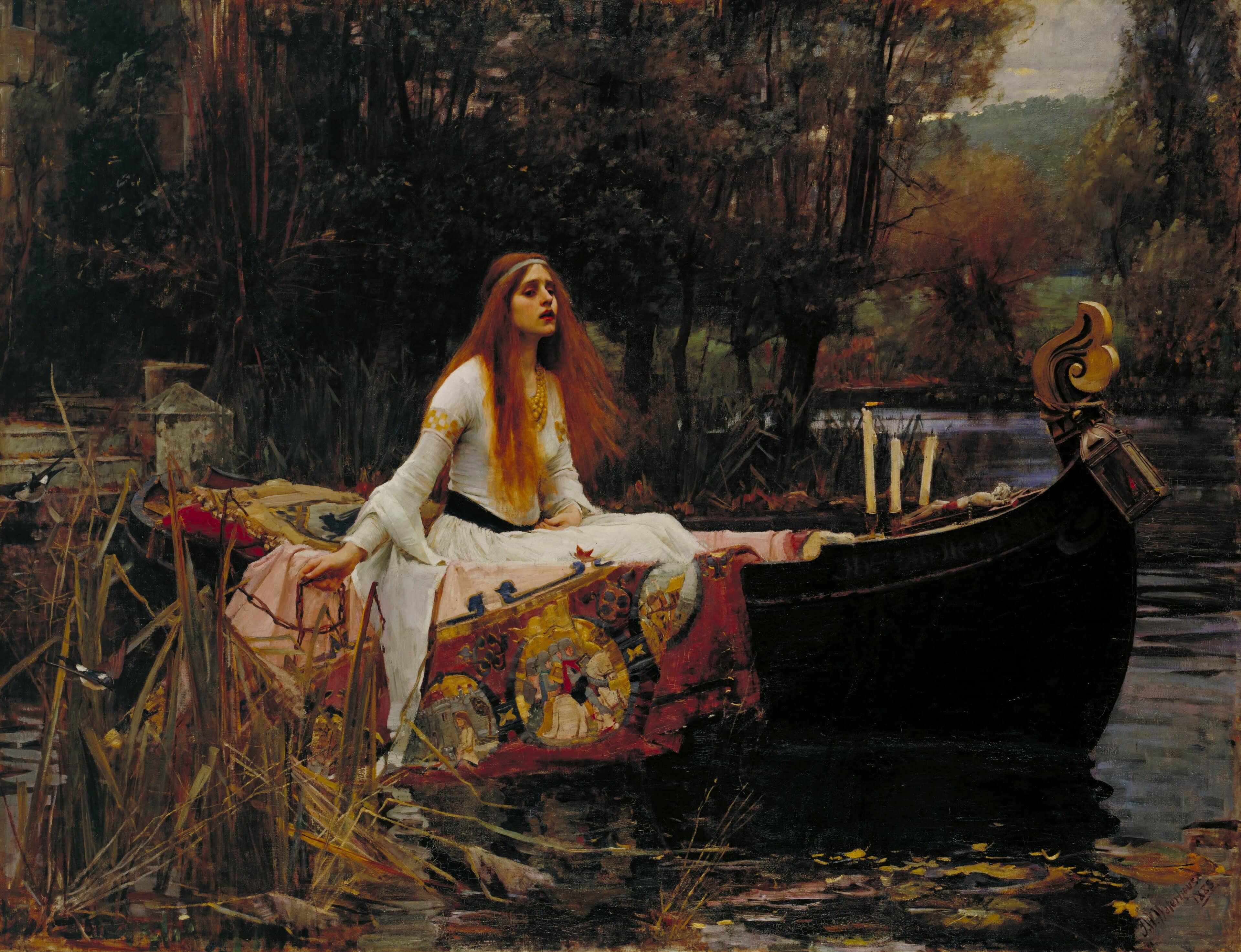 A woman in a white dress sits in a boat draped with a woven cloth, releasing its chain on a reedy river, three candles at the prow — John William Waterhouse, The Lady of Shalott, 1888