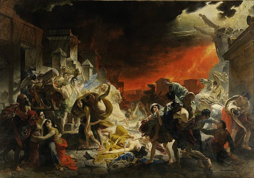 Terrified men, women and children flee through a Pompeii street as Vesuvius erupts in red fire and statues fall from the rooftops — Karl Bryullov, The Last Day of Pompeii, 1830–33