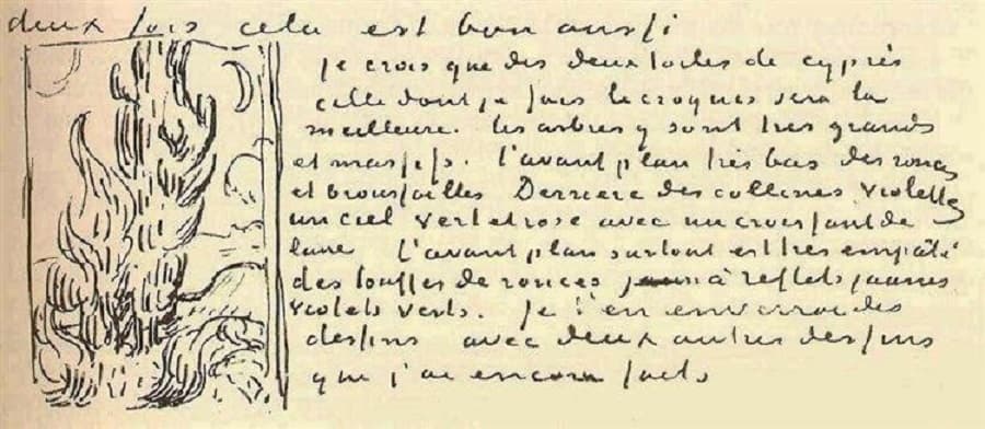 A handwritten letter in French beside a pen sketch of a tall flame-like cypress tree and a crescent moon — Vincent van Gogh, letter to Theo with a sketch of cypresses, June 1889