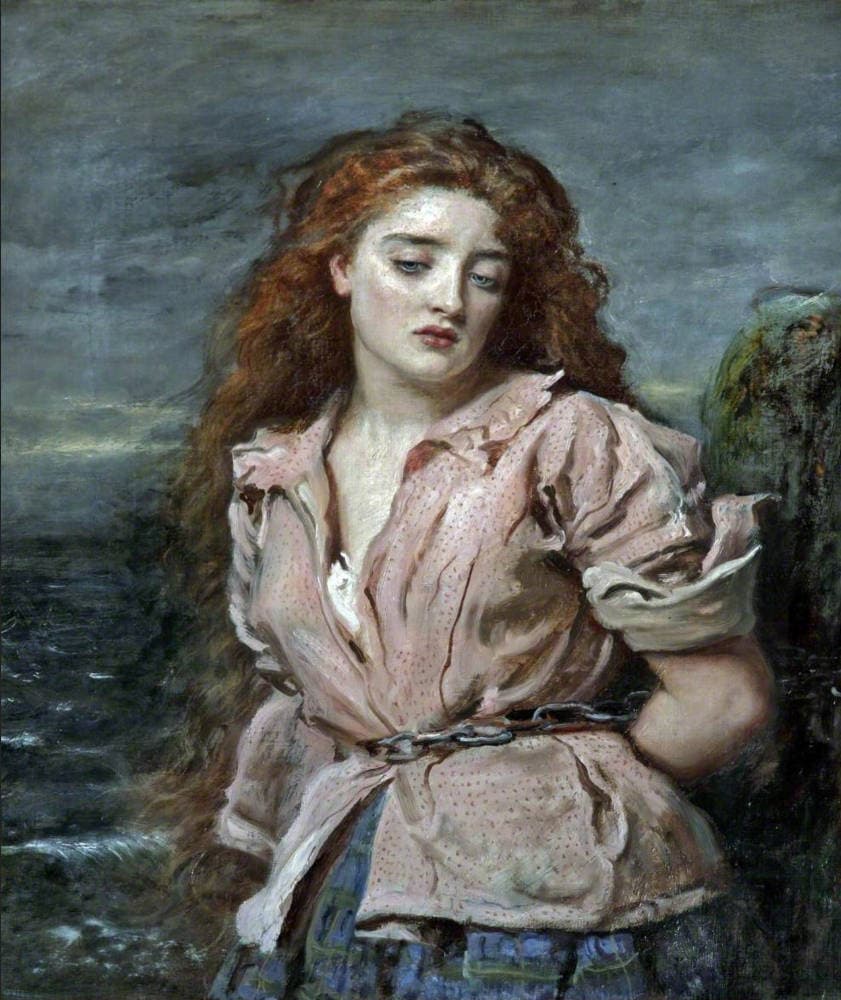 A young woman with long red hair and a pink dotted blouse stands with hands behind her back and a chain around her waist before a dark sea — John Everett Millais, The Martyr of the Solway, 1871