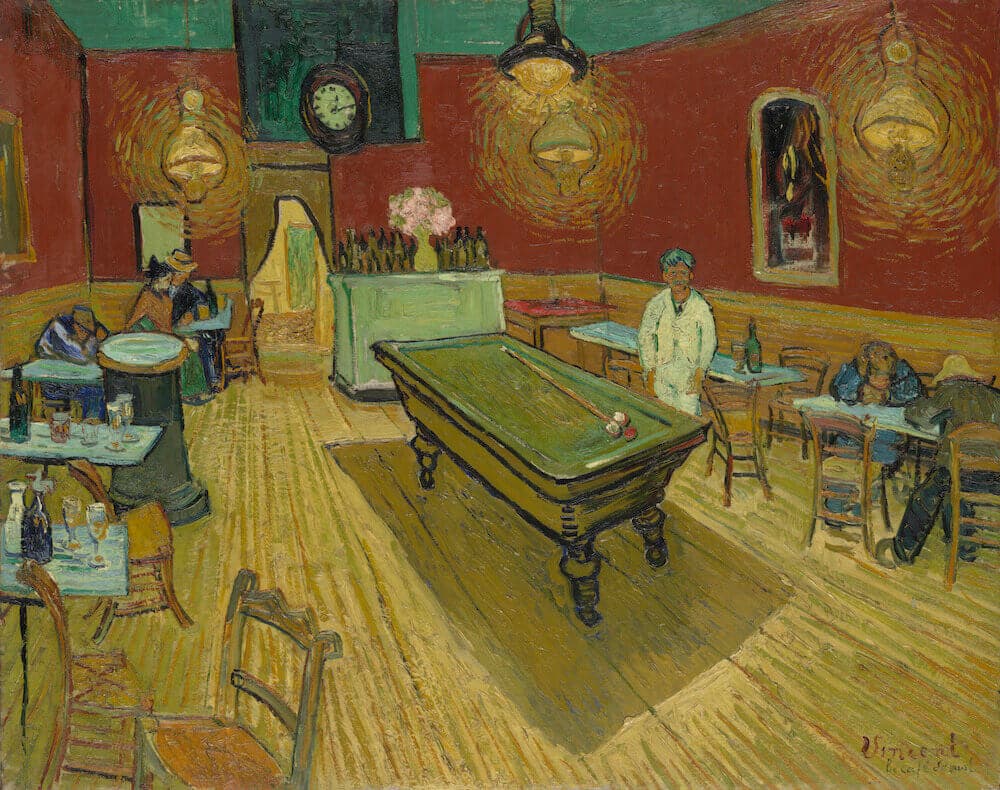 An empty billiard table stands in a café with red walls, a green ceiling and glowing gas lamps, a few customers slumped at tables — Vincent van Gogh, The Night Café, 1888
