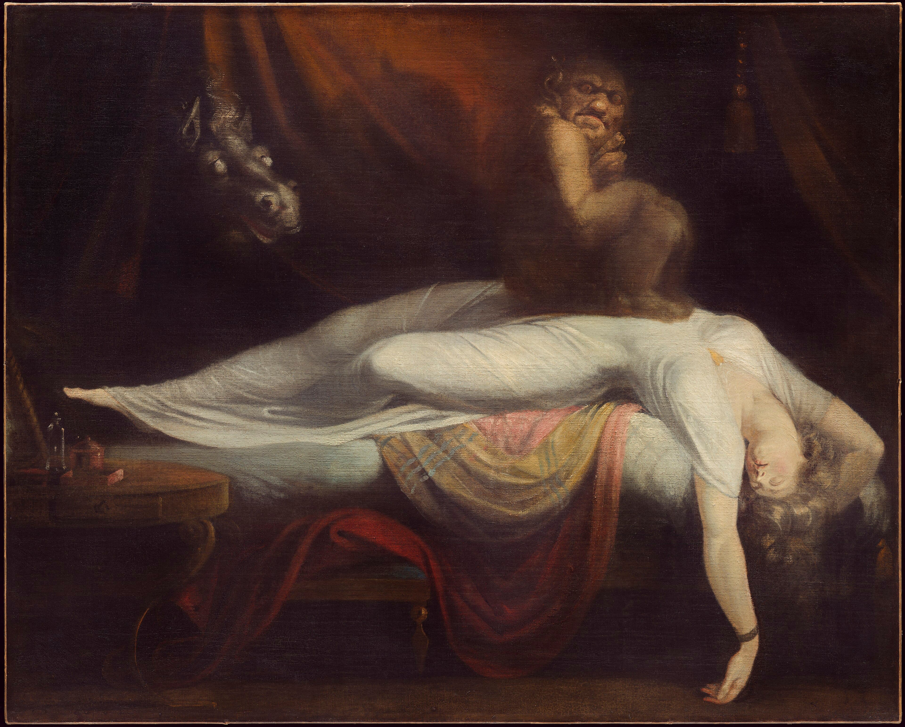 A woman in a white gown lies flung backward across a bed while a dark demon squats on her chest and a white-eyed horse looks through red curtains — Henry Fuseli, The Nightmare, 1781