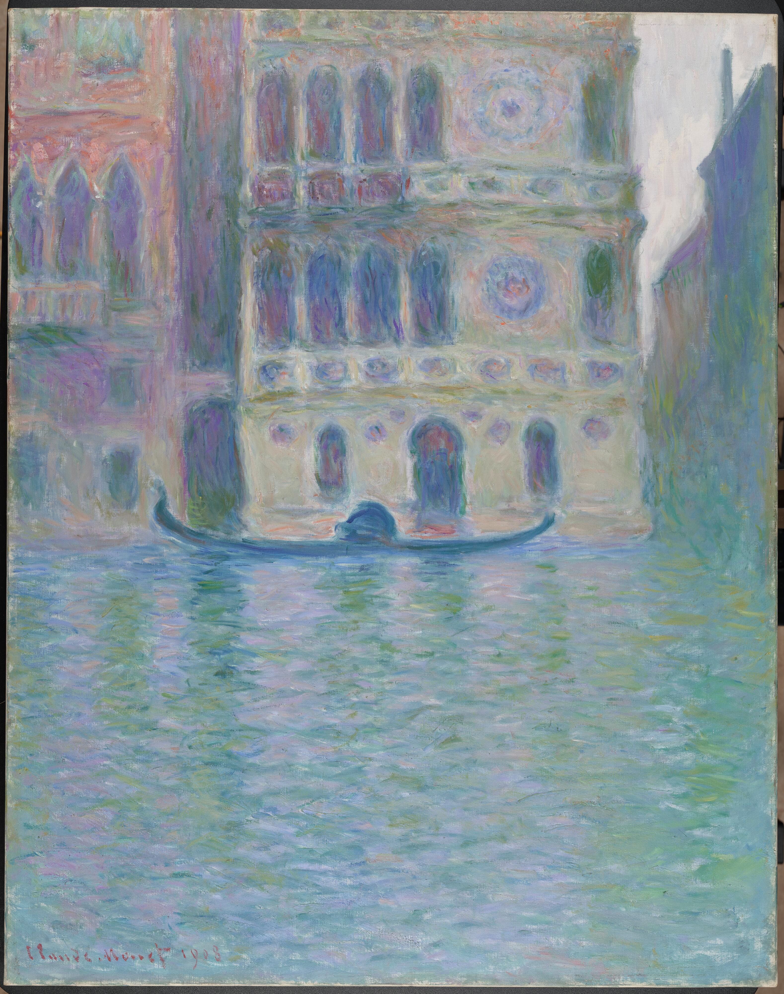 A pale marble palace facade with arched windows and round inlaid discs stands above wide turquoise and pink water with a moored gondola — Claude Monet, The Palazzo Dario, 1908