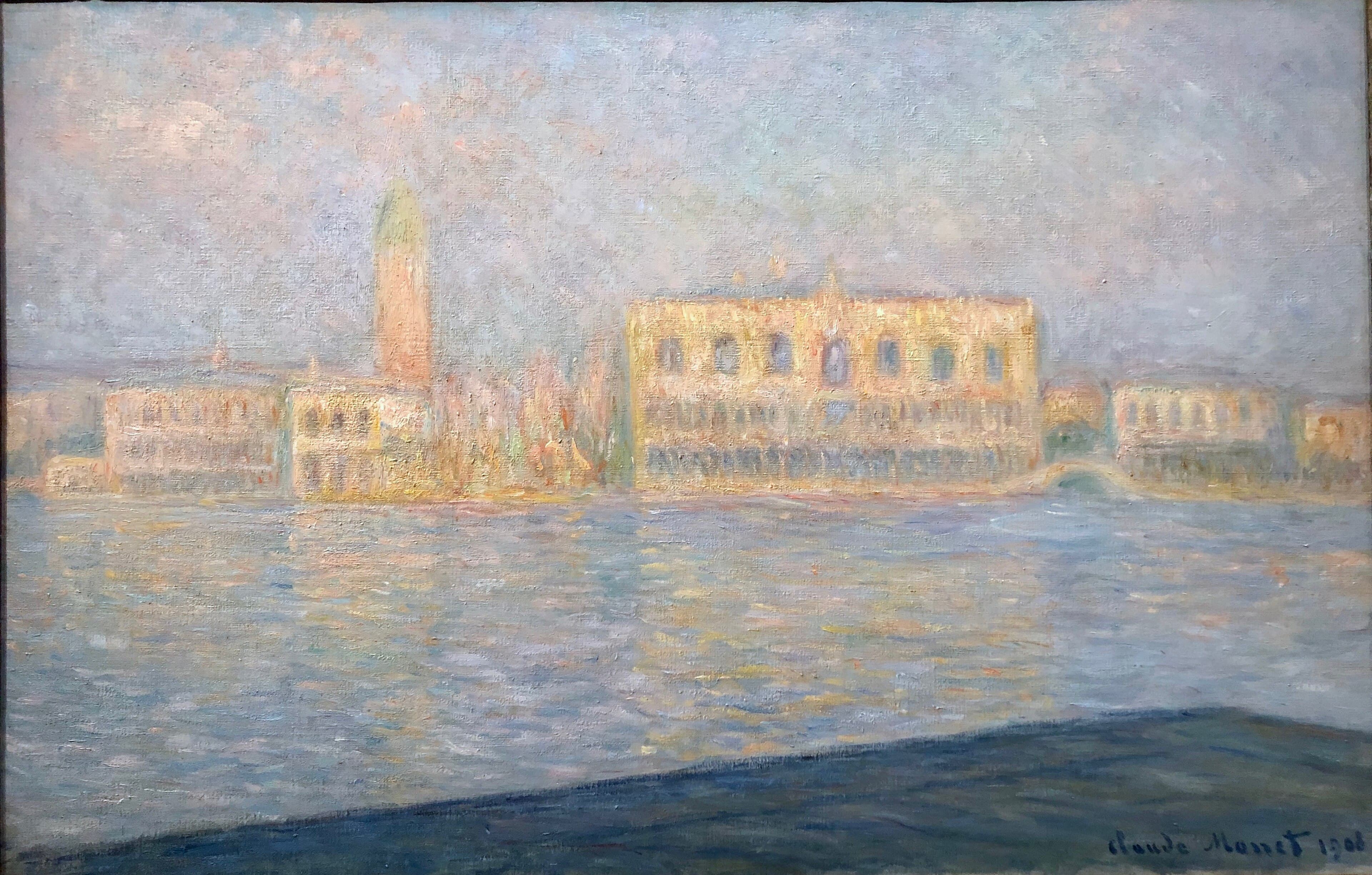 The pink Doge's Palace and slim Campanile line the horizon across a pale lilac lagoon, a dark band of quay in the foreground — Claude Monet, The Palazzo Ducale, Seen from San Giorgio Maggiore, 1908