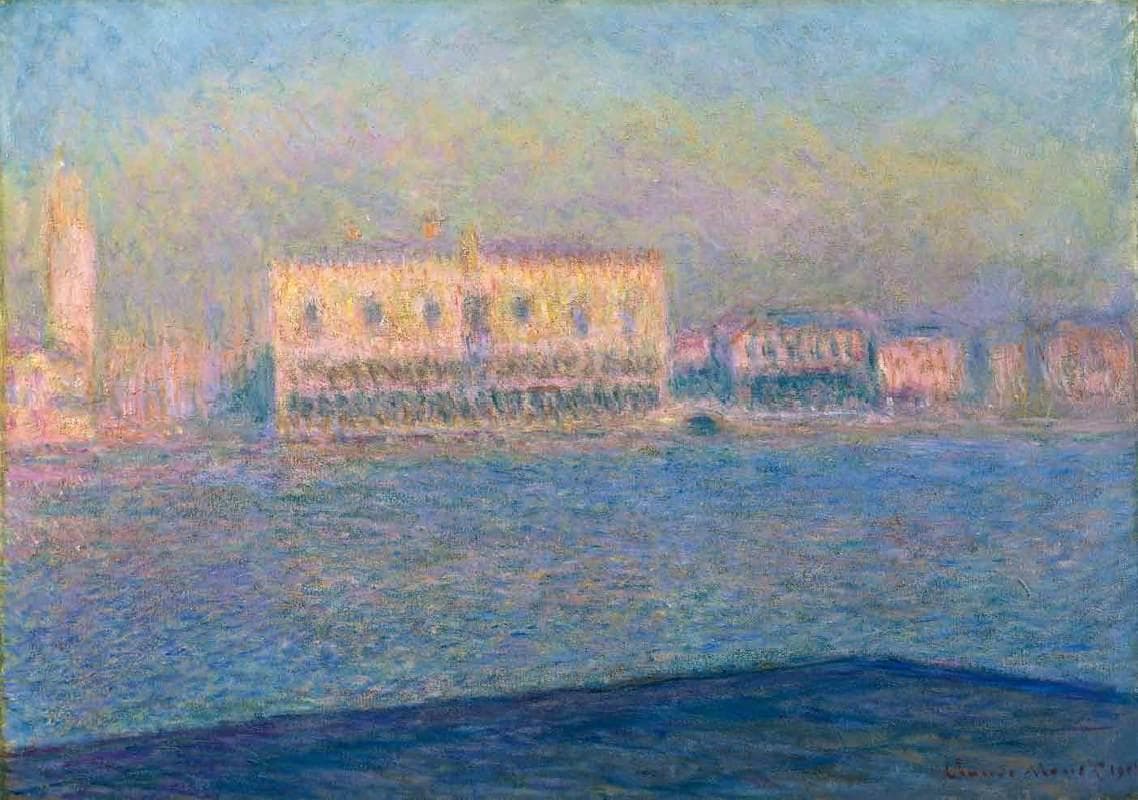 The pink Doge's Palace and the campanile of St. Mark's glow across shimmering blue water beyond a dark quay edge — Claude Monet, The Palazzo Ducale Seen from San Giorgio Maggiore, 1908
