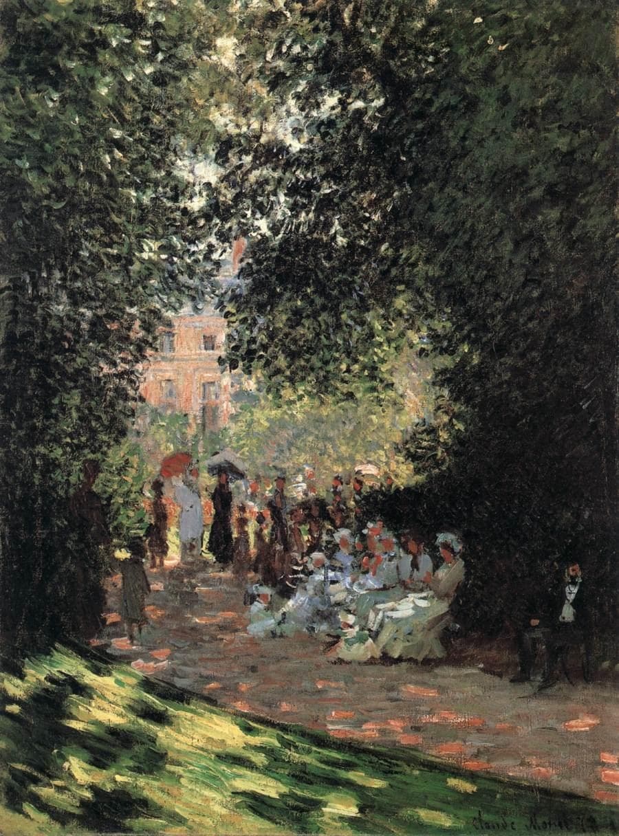 Parisians sit and stroll along a shaded path beneath tall dark trees beside a sunlit lawn striped with blue shadows — Claude Monet, The Parc Monceau, 1878