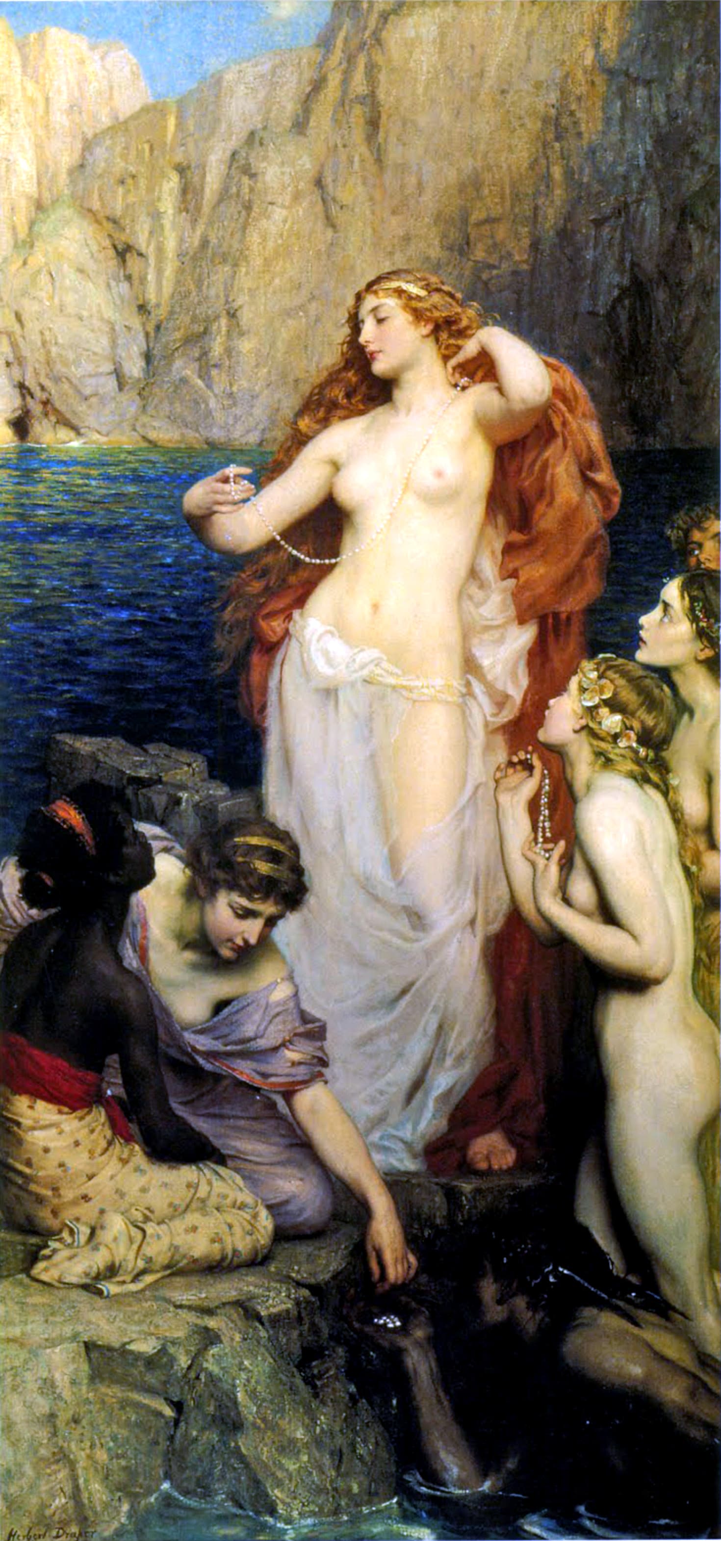 Aphrodite with long red-gold hair stands on a sea rock admiring a string of pearls while nymphs and attendants lift more pearls from the water below — Herbert James Draper, The Pearls of Aphrodite, 1907