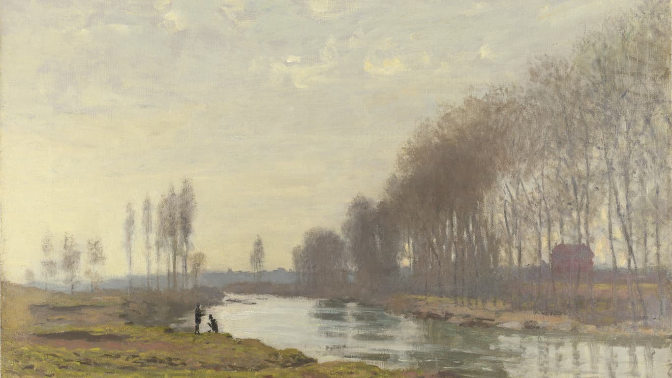 A still side channel curves away under a pale cream sky, a row of bare poplars running along the right bank and two tiny figures at the water's edge — Claude Monet, The Petit Bras of the Seine at Argenteuil, 1872