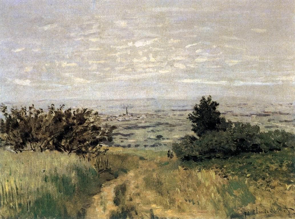 A dirt path runs down through dry grass between dark bushes to a hazy plain with a distant spire under a pale cloudy sky — Claude Monet, The Plain of Sannois at Argenteuil, 1872