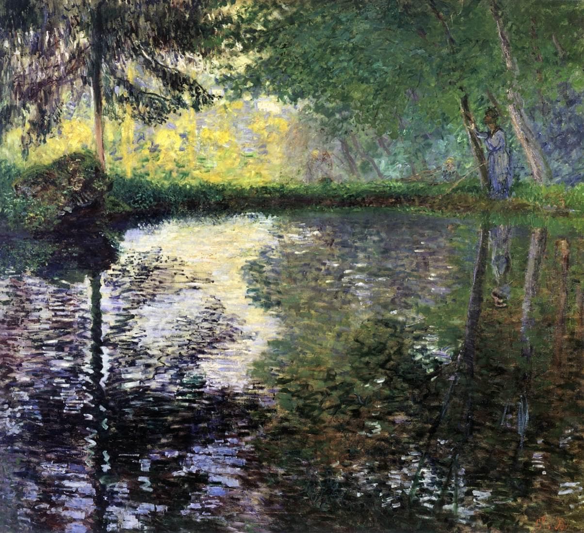 A still pond reflects dark tree trunks and sunlit yellow-green foliage, a woman fishing among the trees at right — Claude Monet, The Pond at Montgeron, 1876–77