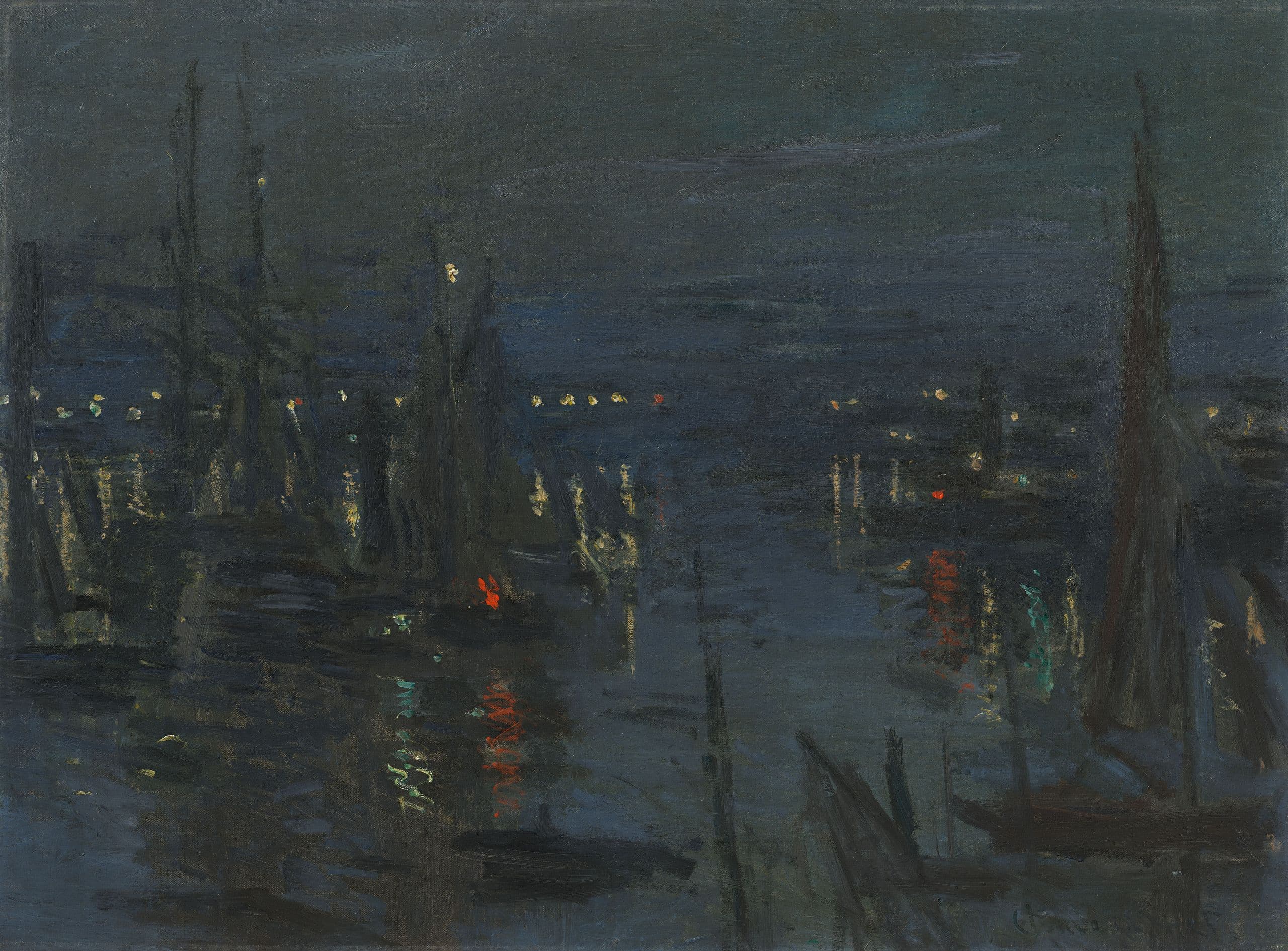 Dark masts and hulls in a blue-black harbor at night, with a line of lamps reflected in the water as columns of yellow, white and red light — Claude Monet, The Port of Le Havre, Night Effect, 1872