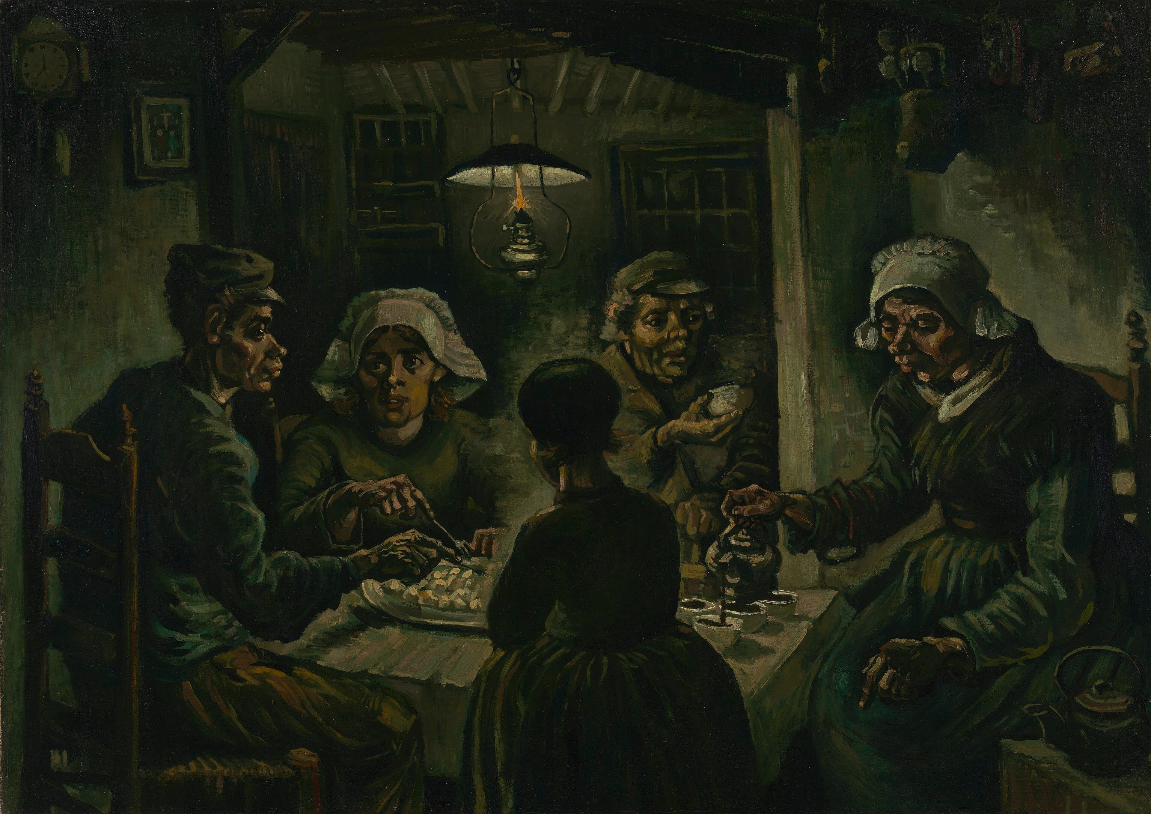 Five peasants with coarse faces share a dish of potatoes and pour coffee at a small table under a hanging oil lamp in a dark cottage — Vincent van Gogh, The Potato Eaters, 1885