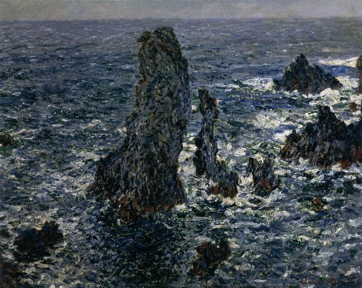 Tall jagged rock needles rise from a dark, churning blue-green sea flecked with white foam under a narrow gray horizon — Claude Monet, The Pyramides at Port-Coton, Rough Sea, 1886