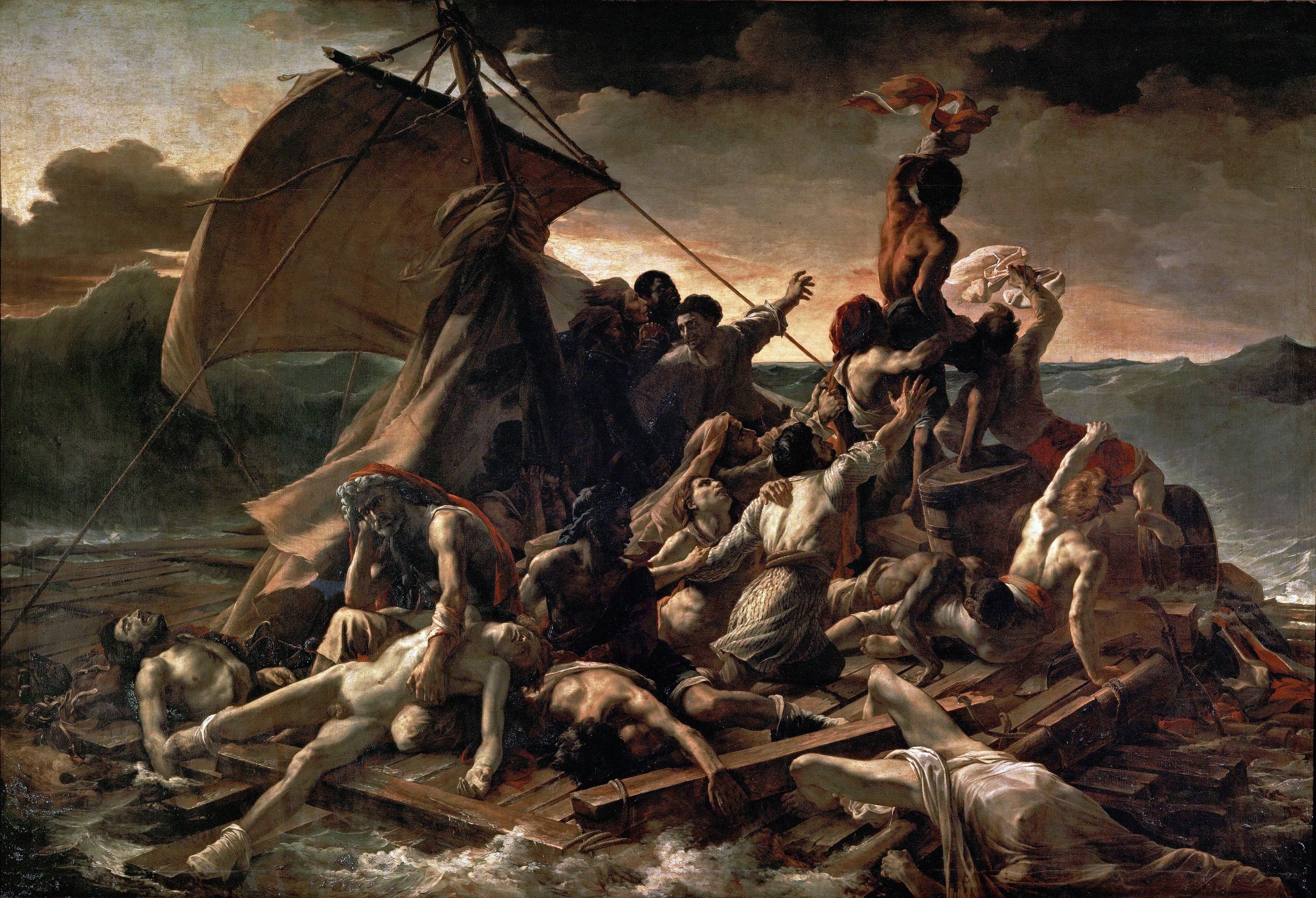 Desperate survivors heaped on a storm-tossed raft strain toward a man waving a cloth at a tiny ship on the horizon, the dead slipping into the sea — Théodore Géricault, The Raft of the Medusa, 1818–1819