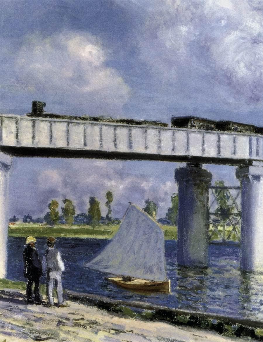 Two men stand on a riverbank watching a small sailboat beneath a white iron railway bridge with a train crossing — Claude Monet, The Railway Bridge at Argenteuil (detail), 1873