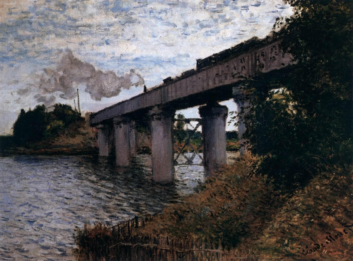 A steam train crosses a long iron railway bridge on cylindrical piers over the Seine, a dense bank of trees at right — Claude Monet, The Railway Bridge at Argenteuil, c. 1873–74