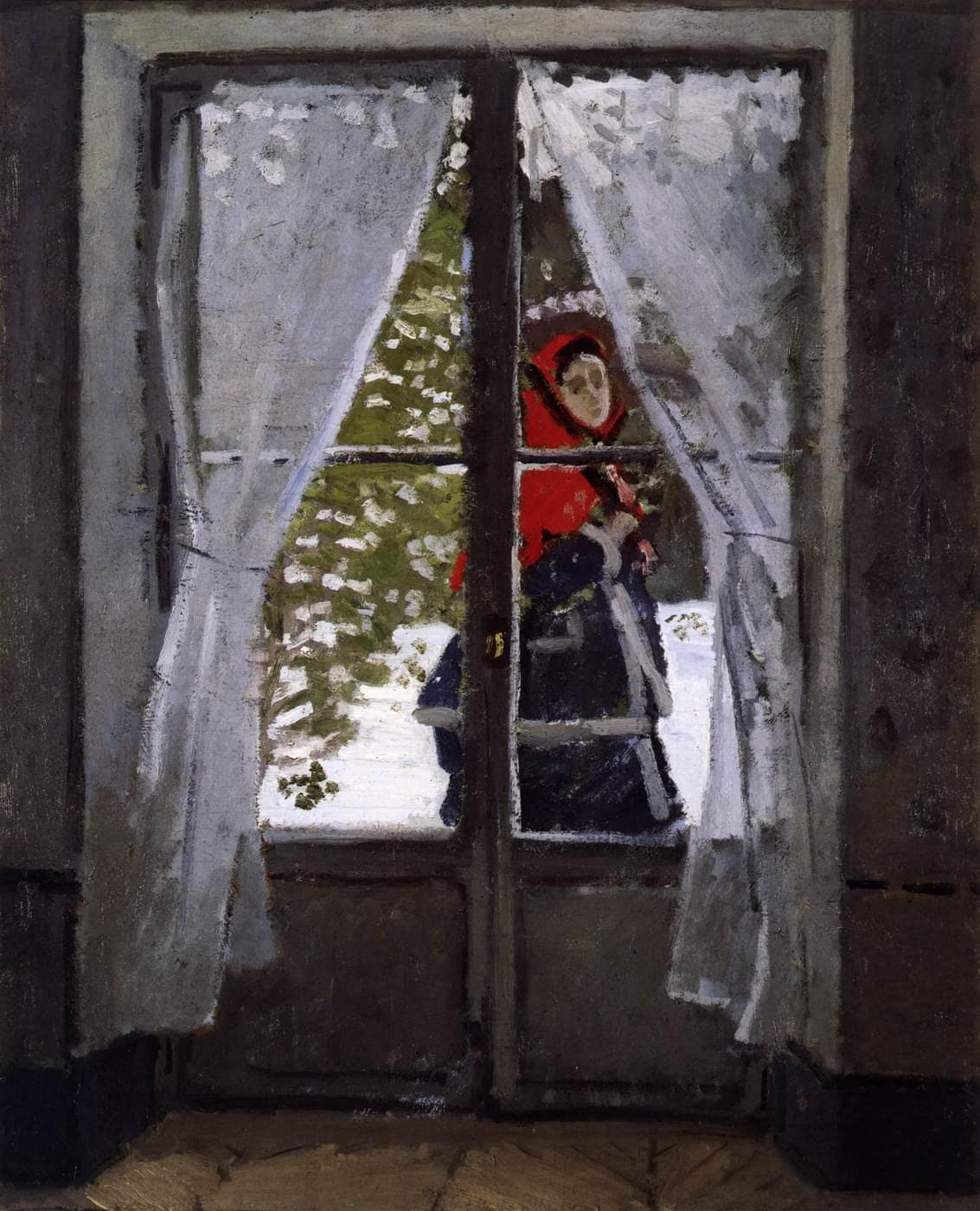 A woman in a dark coat and red hood passes a snowy garden seen through French doors framed by white curtains — Claude Monet, The Red Kerchief (The Red Cape), c. 1868–73