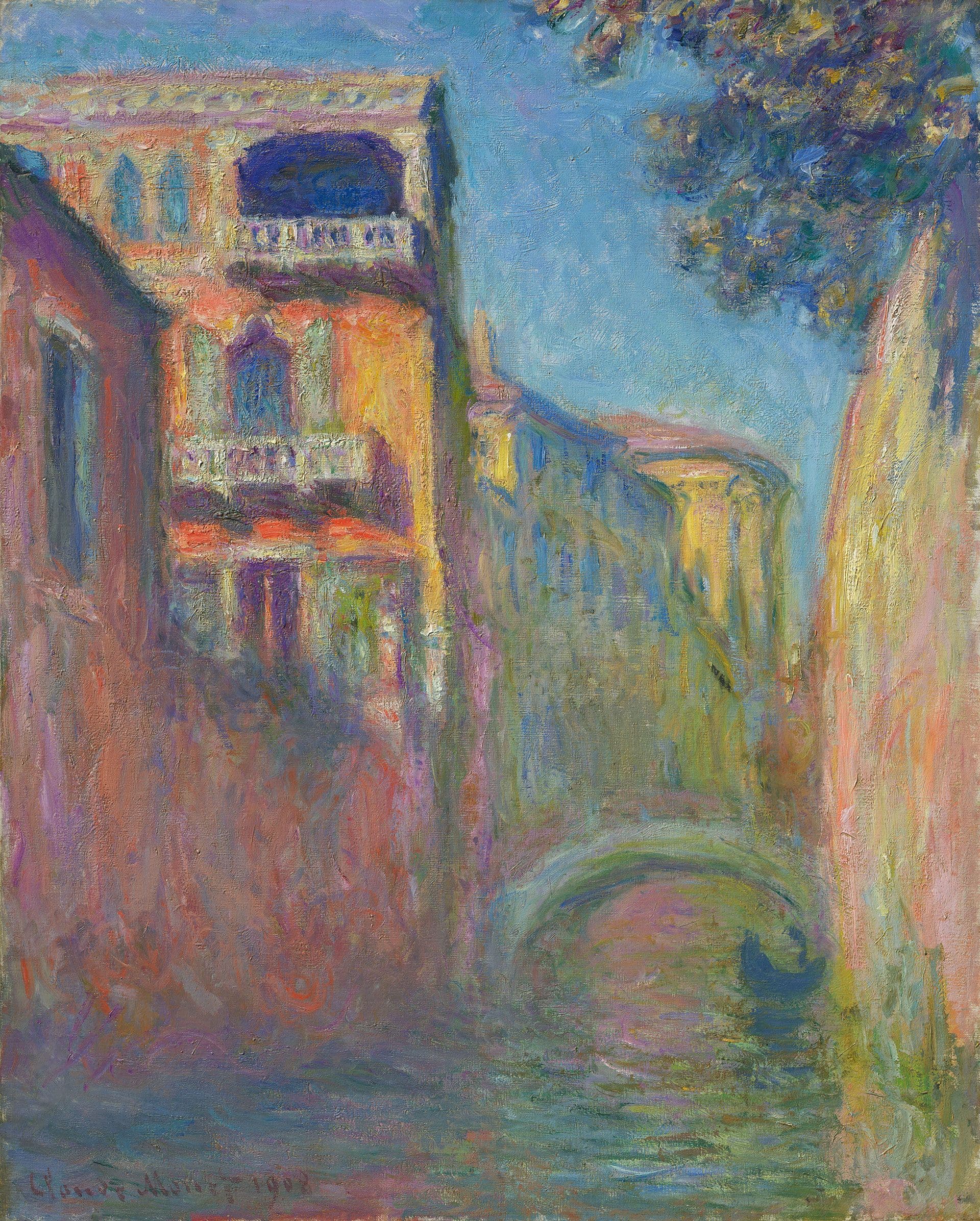 A narrow Venetian canal with a sunlit orange and pink palace at left, a low stone bridge with a gondola, a yellow wall and tree at right under blue sky — Claude Monet, The Rio della Salute, 1908