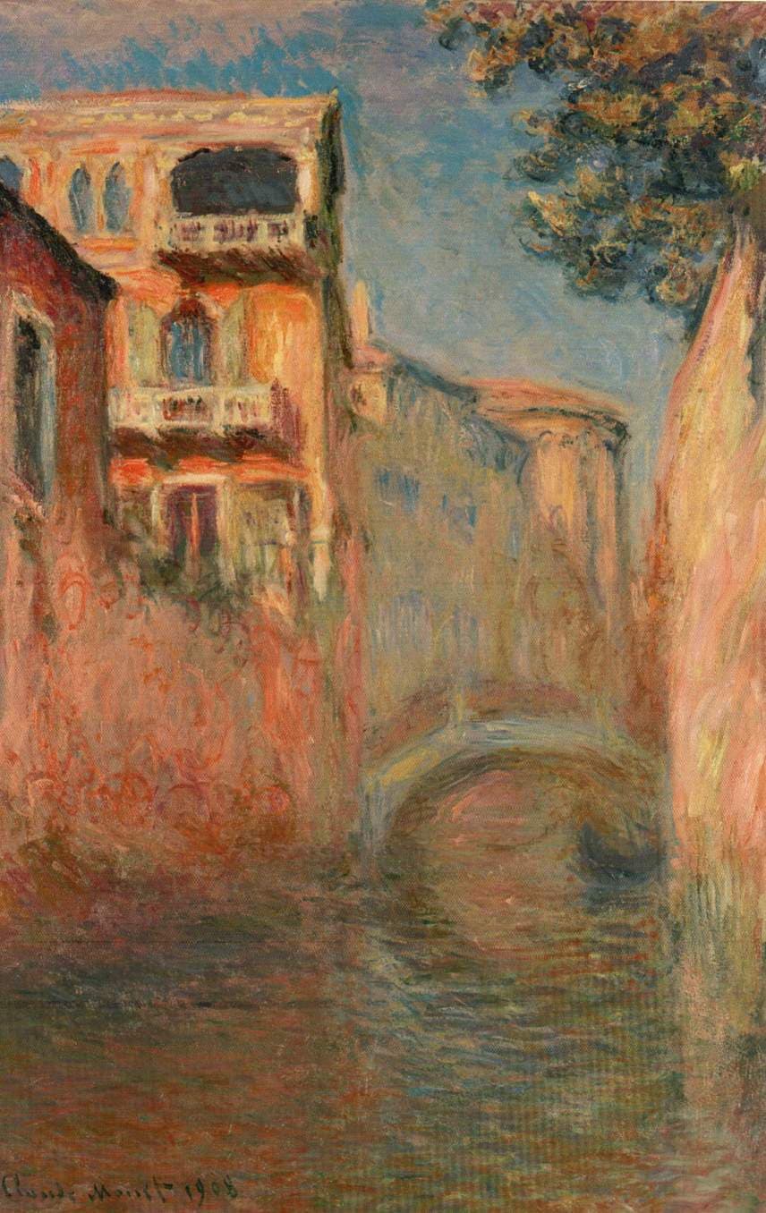A narrow Venetian canal between glowing orange and pink walls, a palace with white balconies at left and a low bridge ahead, the water copper-red — Claude Monet, The Rio della Salute, 1908