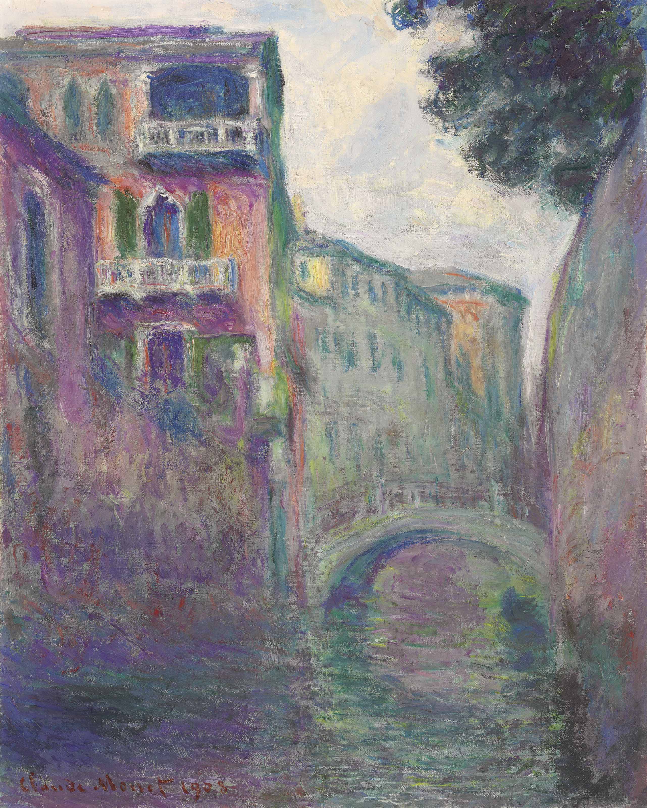 A narrow Venetian canal with a violet palace and white balconies at left, a stone bridge and a high wall with a dark tree at right under a white cloudy sky — Claude Monet, The Rio della Salute, 1908