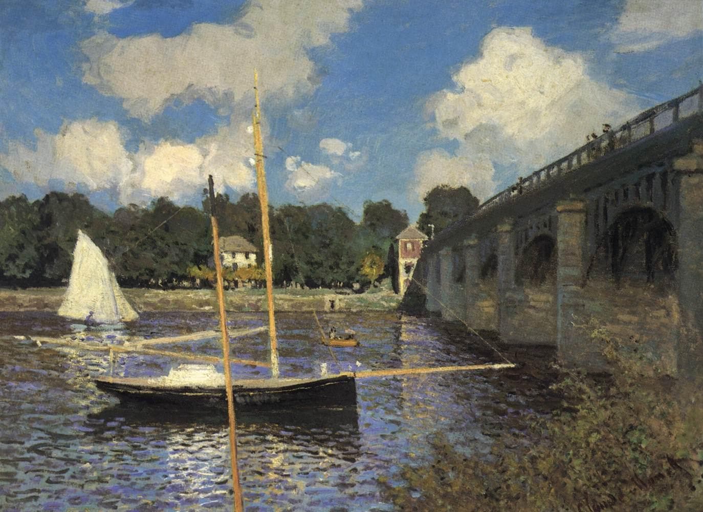 A stone road bridge crosses a river at right while a sailboat with a tall bare mast is moored in the foreground under a cloudy blue sky — Claude Monet, The Bridge at Argenteuil, 1874