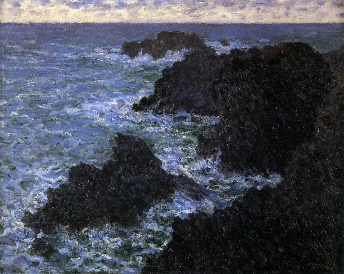 Dark jagged rocks jut into a churning blue and white sea under a thin strip of pale sky — Claude Monet, The Rocks of Belle-Île, the Wild Coast, 1886