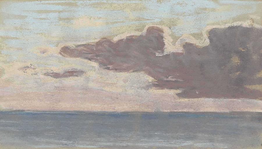 A long violet-gray cloud with a cream-lit edge floats over a flat blue-gray strip of sea under a pale sky — attributed to Claude Monet, The Sea and the Clouds