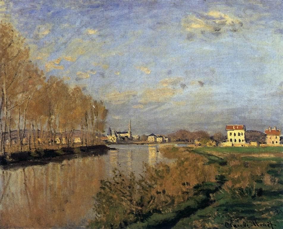 A calm river stretches into the distance between a row of golden autumn poplars on the left and red-roofed white houses on the right under a pale sky — Claude Monet, The Seine at Argenteuil, 1873