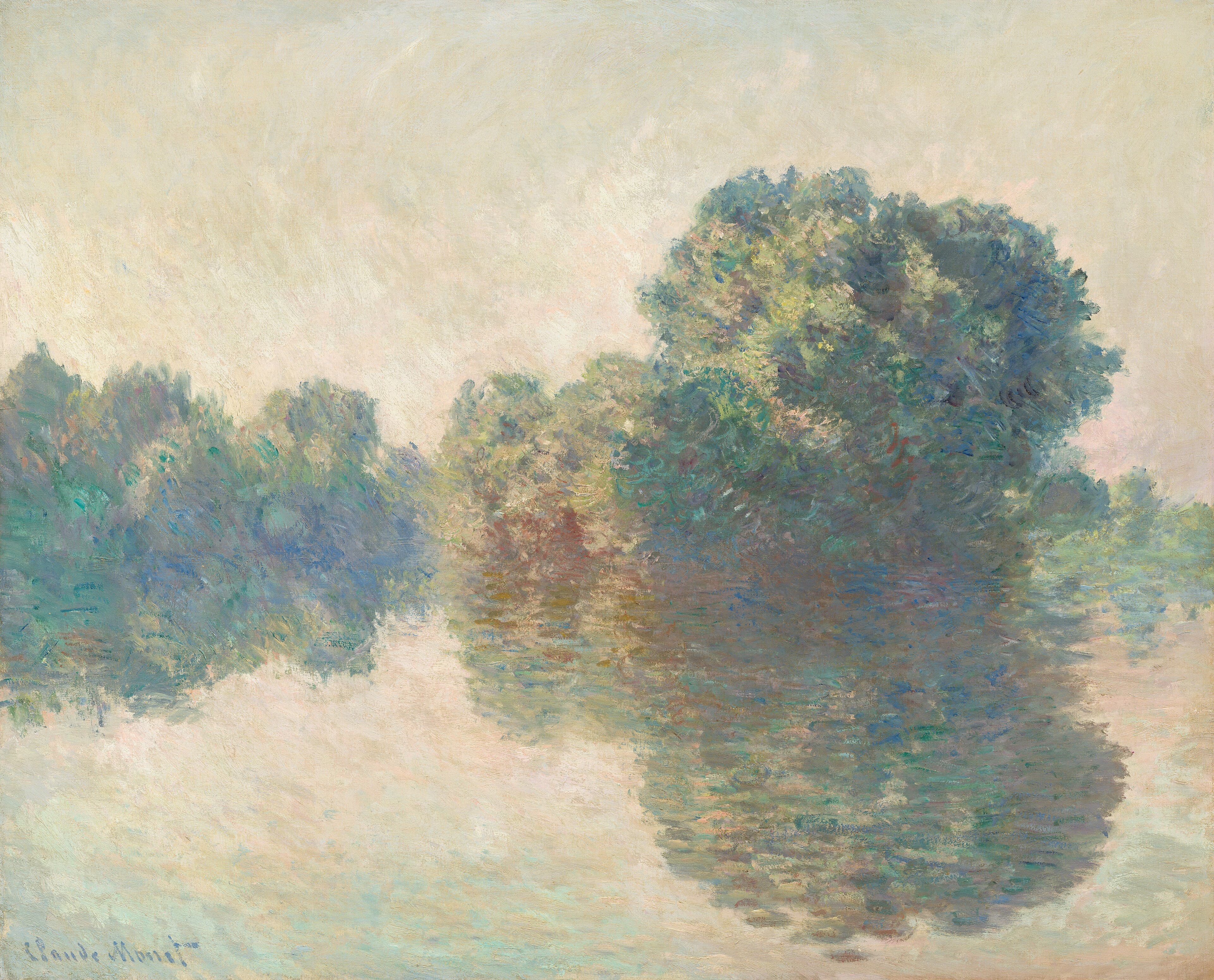 Rounded masses of blue-green trees are mirrored in a still river wrapped in pale pink and cream morning mist — Claude Monet, The Seine at Giverny, 1897