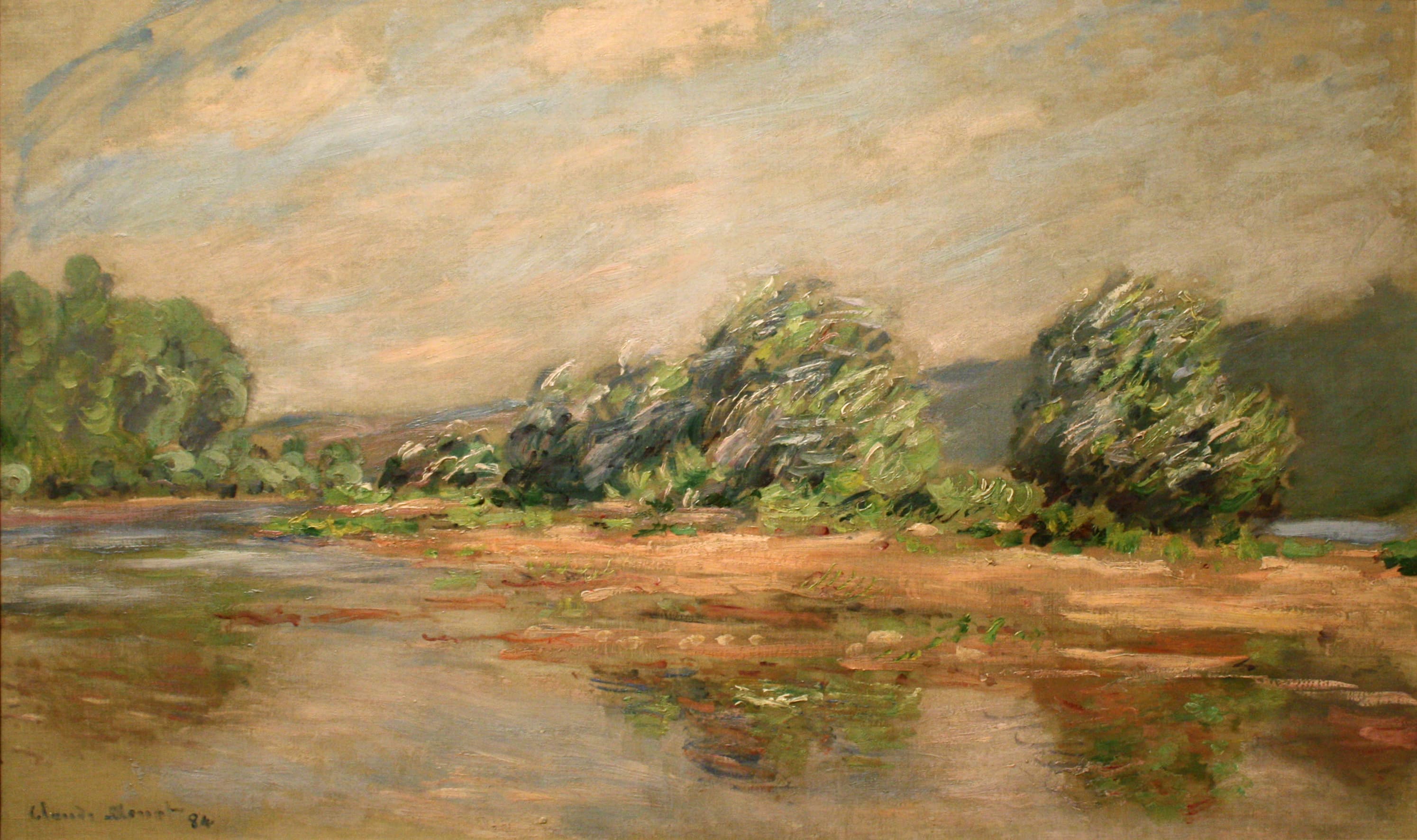 Clumps of willows bend in a strong wind above shallow, tan-colored river water with broken reflections, under a streaky cream and blue sky — Claude Monet, The Seine at Port-Villez (A Gust of Wind)