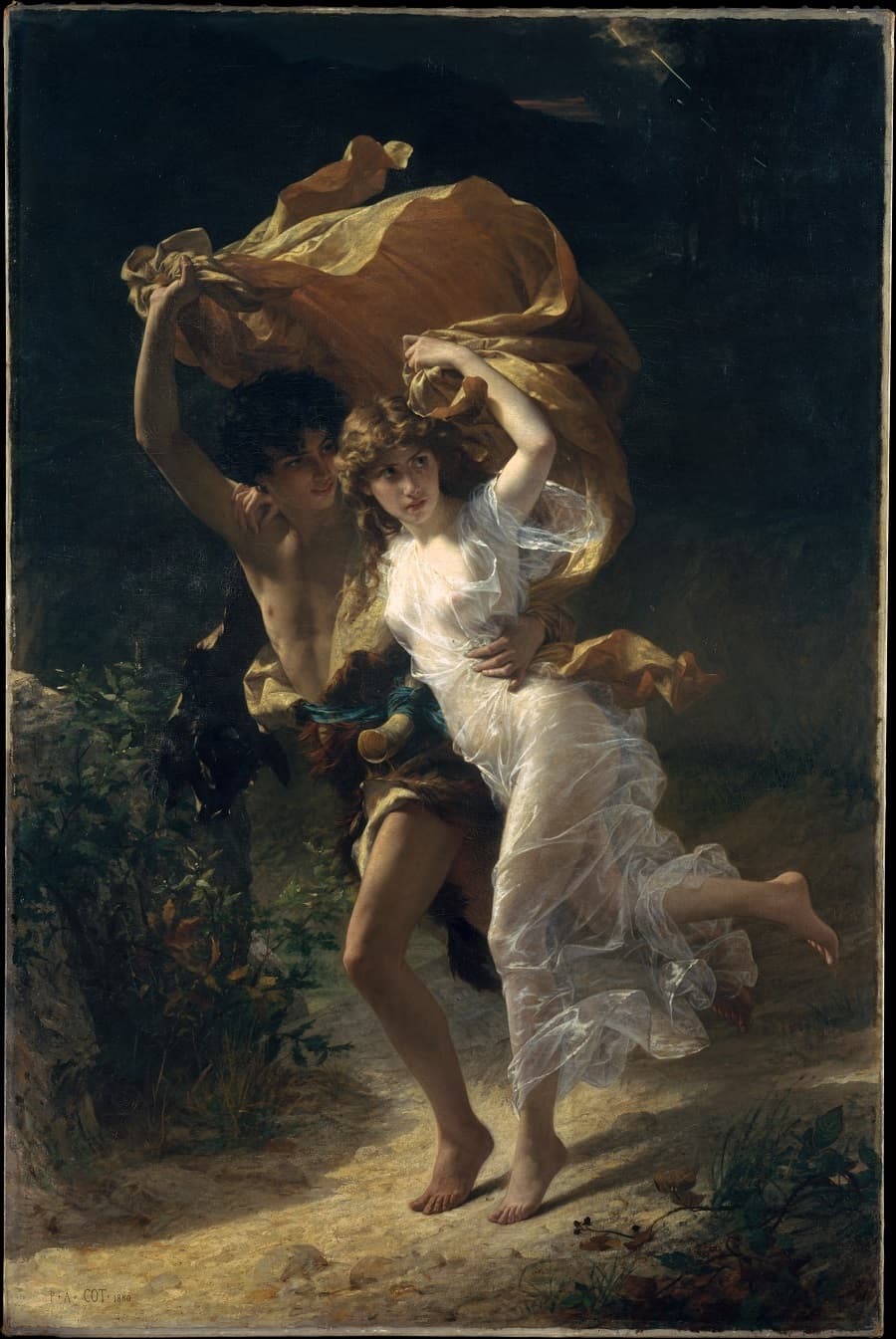 A barefoot young couple runs toward the viewer through darkness, holding a billowing golden cloth over their heads, the girl in a sheer white dress — Pierre Auguste Cot, The Storm, 1880