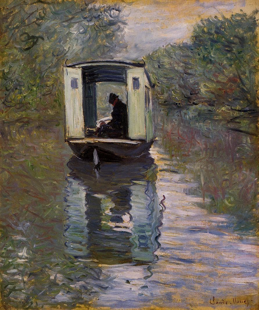 A small boat with a white wooden cabin floats on a still tree-lined channel, a painter in a black hat working inside, its reflection below — Claude Monet, The Studio Boat, 1876