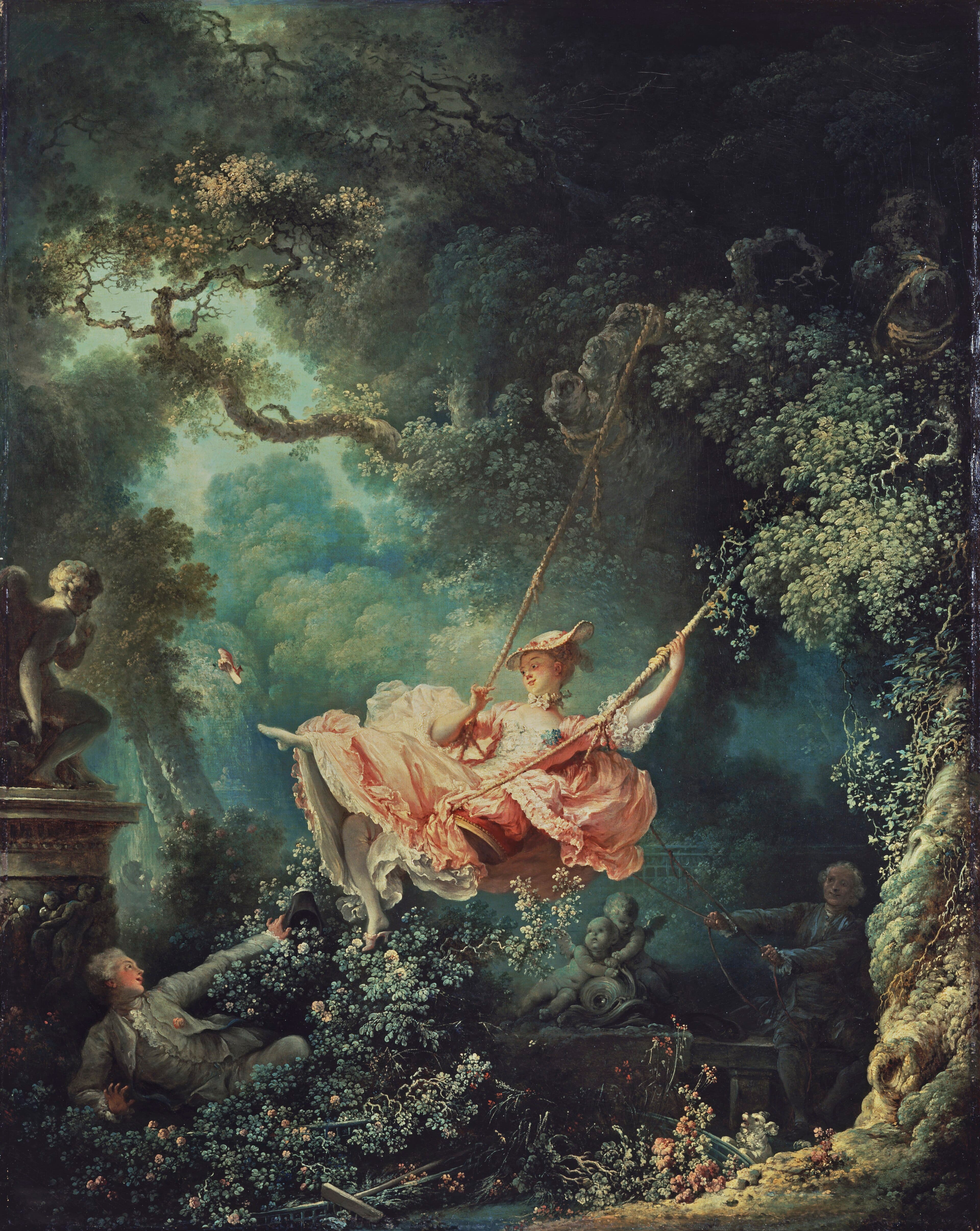 A young woman in a billowing pink dress flies on a swing in a leafy garden, kicking off her slipper as a young man hidden in the roses gazes up at her — Jean-Honoré Fragonard, The Swing, c. 1767