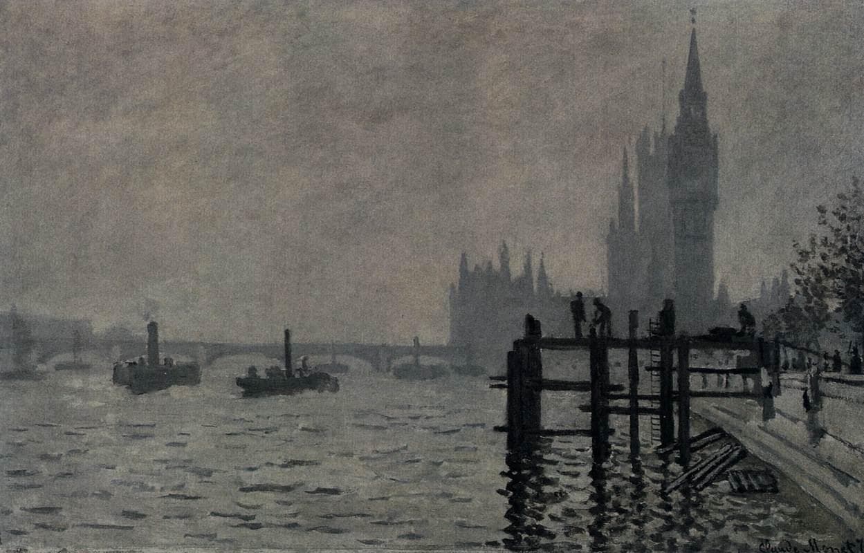The Houses of Parliament rise as a misty silhouette above the Thames, with a dark wooden jetty and workmen in the foreground — Claude Monet, The Thames below Westminster, 1871