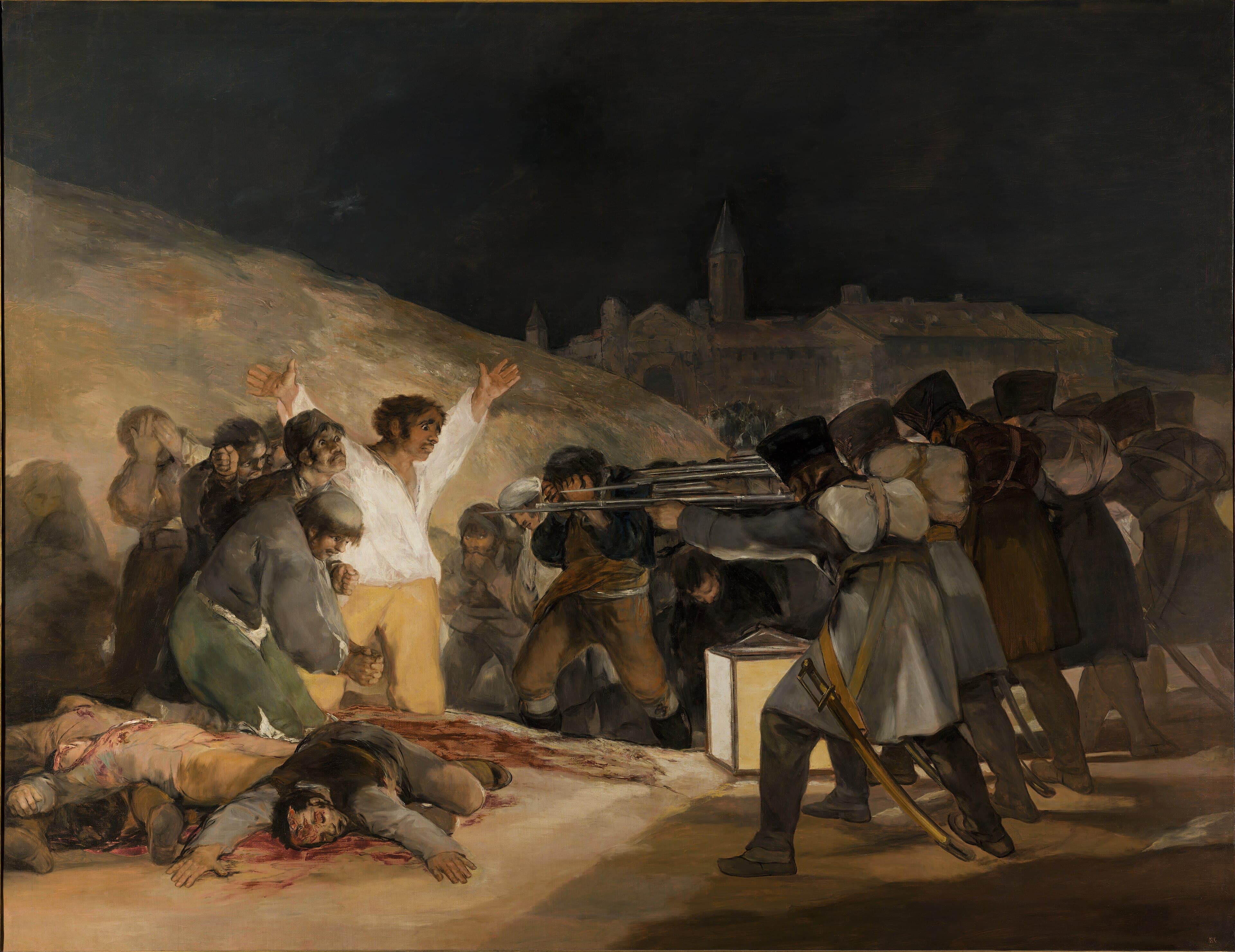 A man in a white shirt flings up his arms before a faceless French firing squad at night, lit by a lantern, as bodies lie in blood at his feet — Francisco Goya, The Third of May 1808, 1814