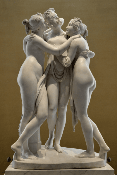 Three nude young women in white marble embrace with heads leaning together, a scarf winding between them — Antonio Canova, The Three Graces, 1814–17