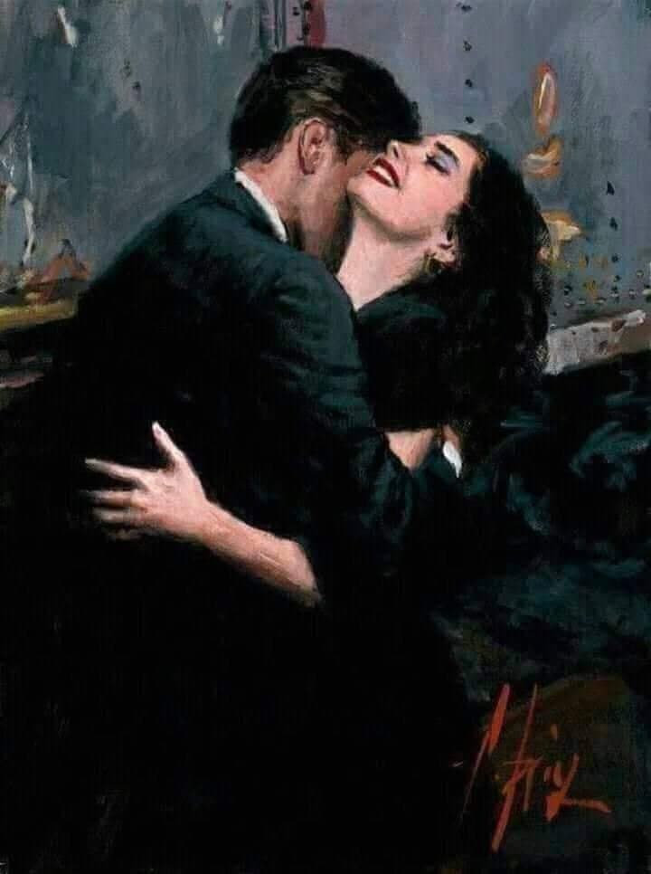 A man in a dark suit embraces a laughing dark-haired woman with red lips beside the riveted side of a railway carriage — Fabián Pérez, The Train Station