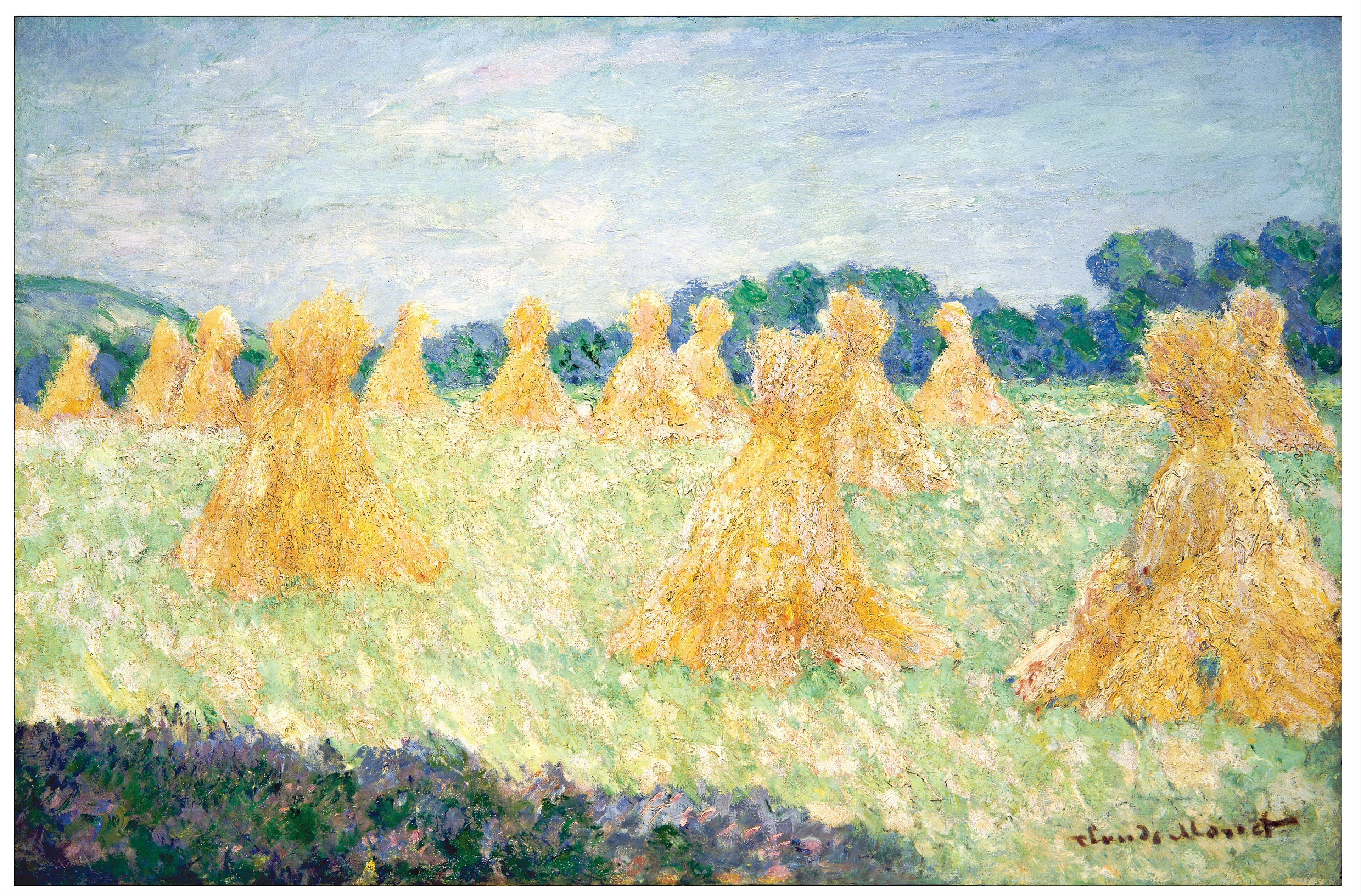 A sunlit pale green field is dotted with golden sheaves of grain standing in a loose row before a line of dark trees under a pale blue sky — Claude Monet, The Young Ladies of Giverny, Sun Effect, 1894