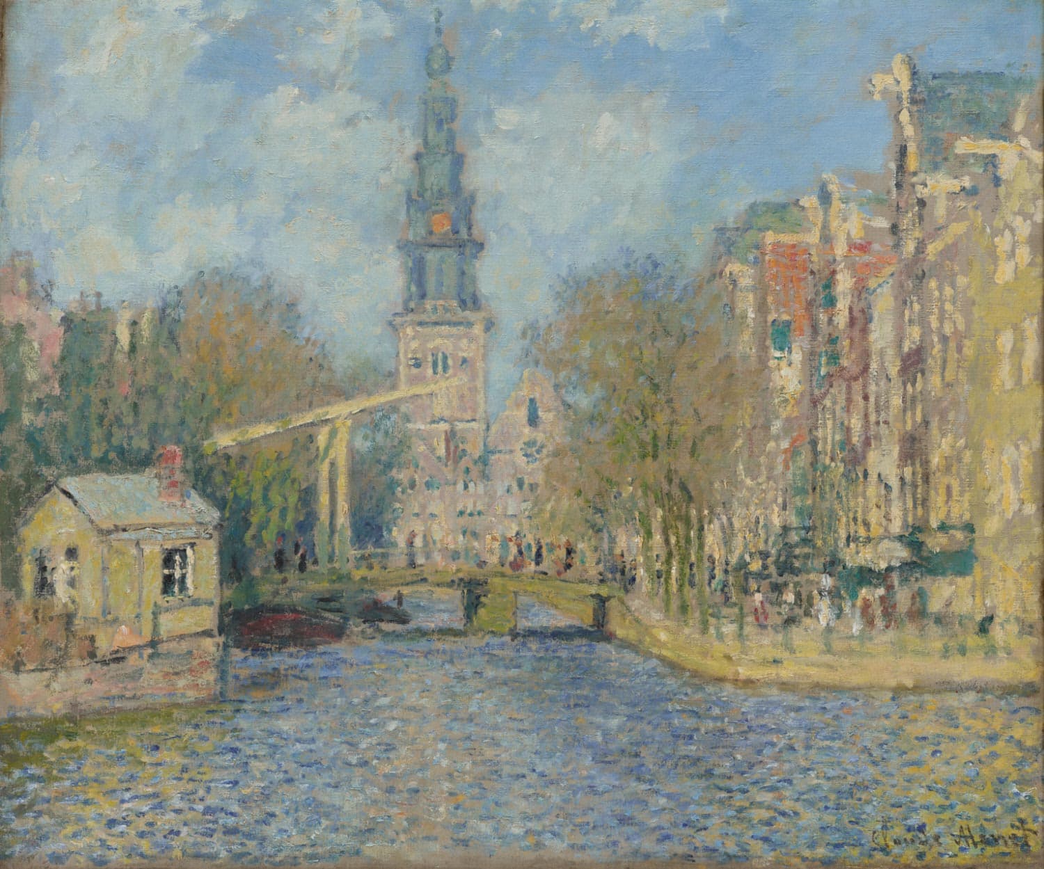 A sunlit canal leads to a tall church tower, a white drawbridge crossing it and gabled houses lining the right bank — Claude Monet, The Zuiderkerk, Amsterdam (Looking up the Groenburgwal), c. 1874