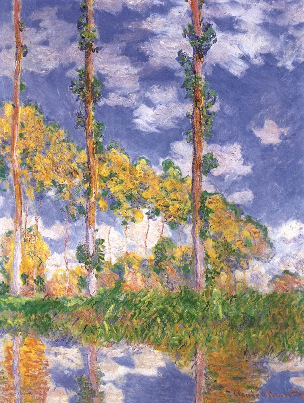 Three tall, slender poplar trunks rise in front of sunlit yellow-green trees under a blue sky with white clouds, all reflected in a river below — Claude Monet, Three Poplars, Summer, 1891